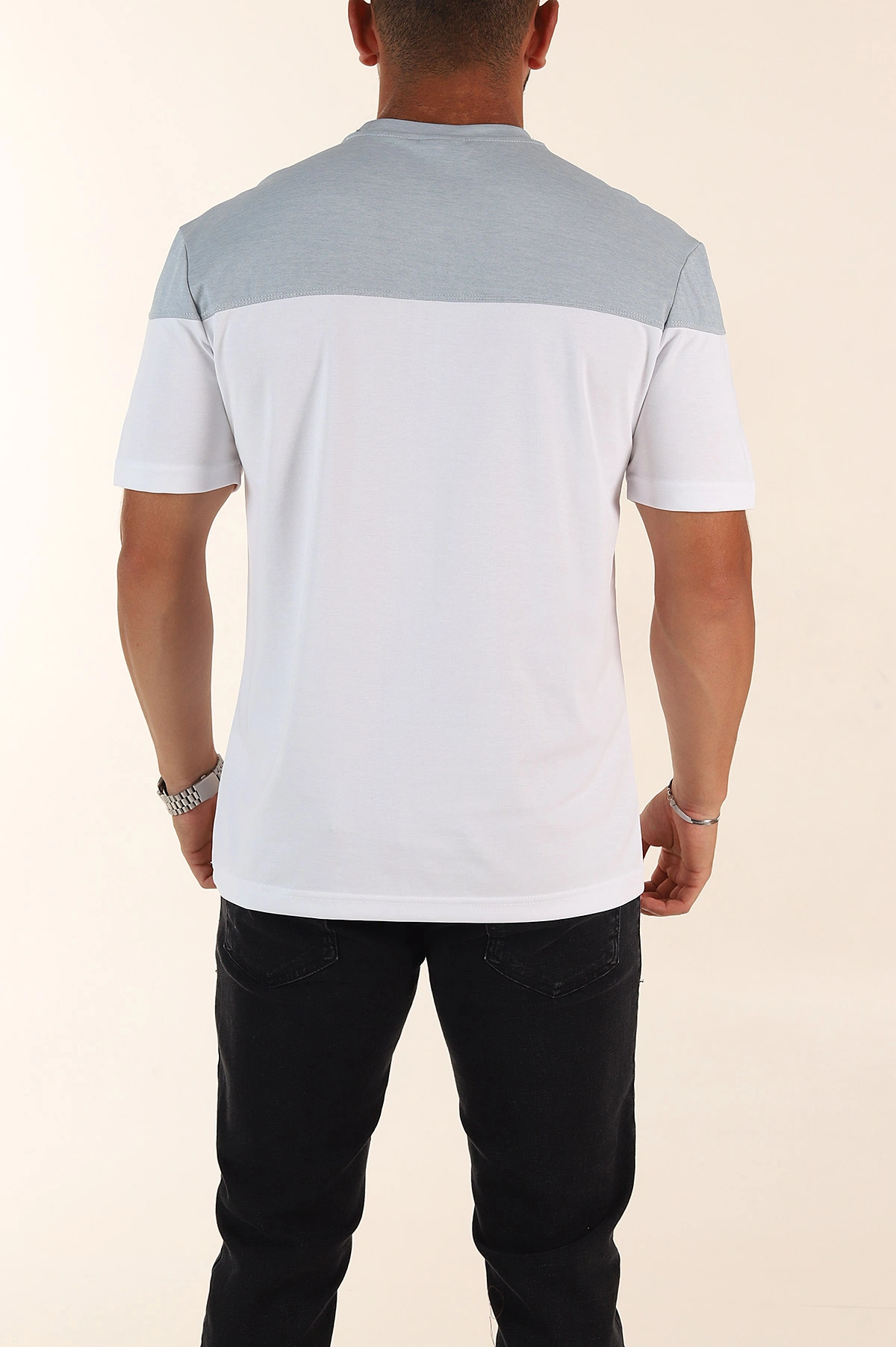 Beyaz Bebe Mavisi Regular Fit Omuz Şerit Detaylı Erkek Tişört 372092
