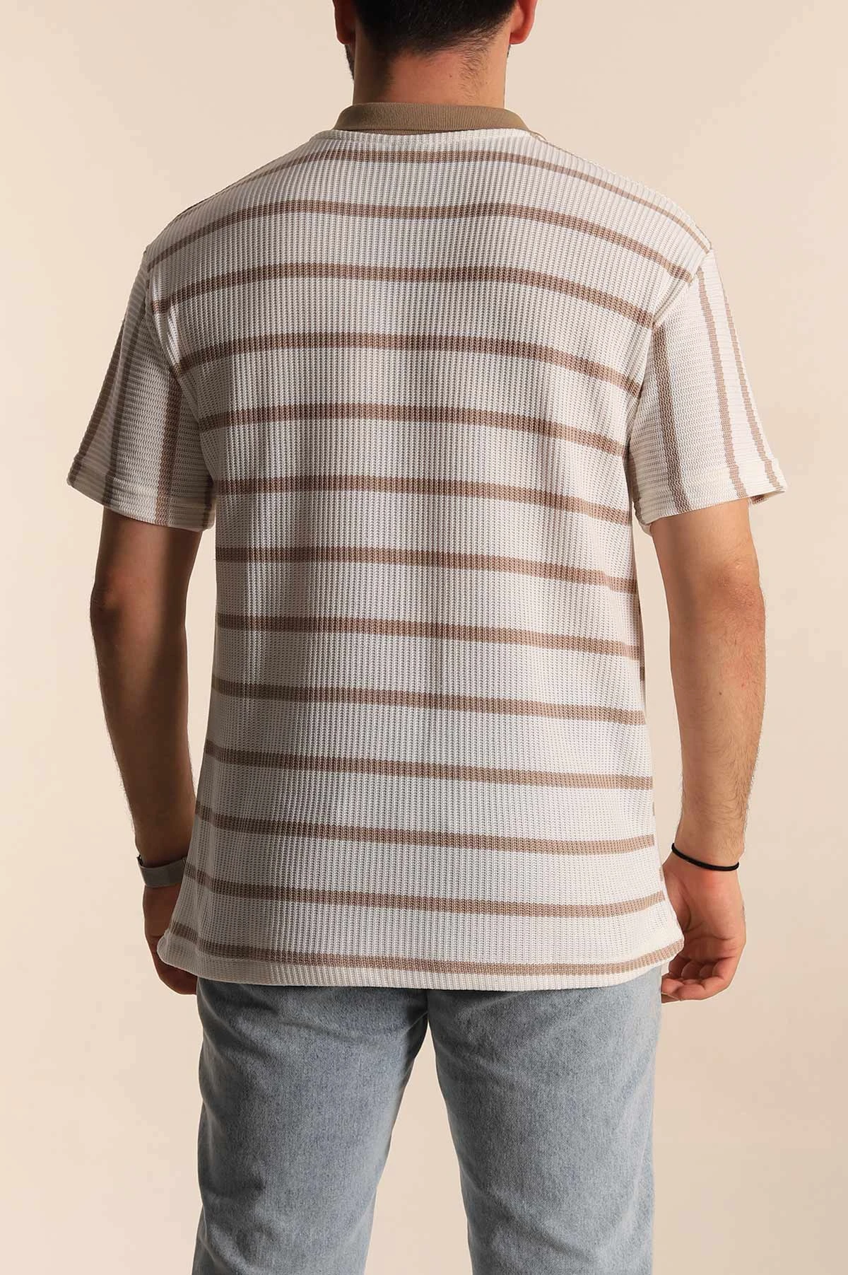 Beyaz Bej Çizgili Oversize Polo Yaka Erkek Triko Tişört 269207