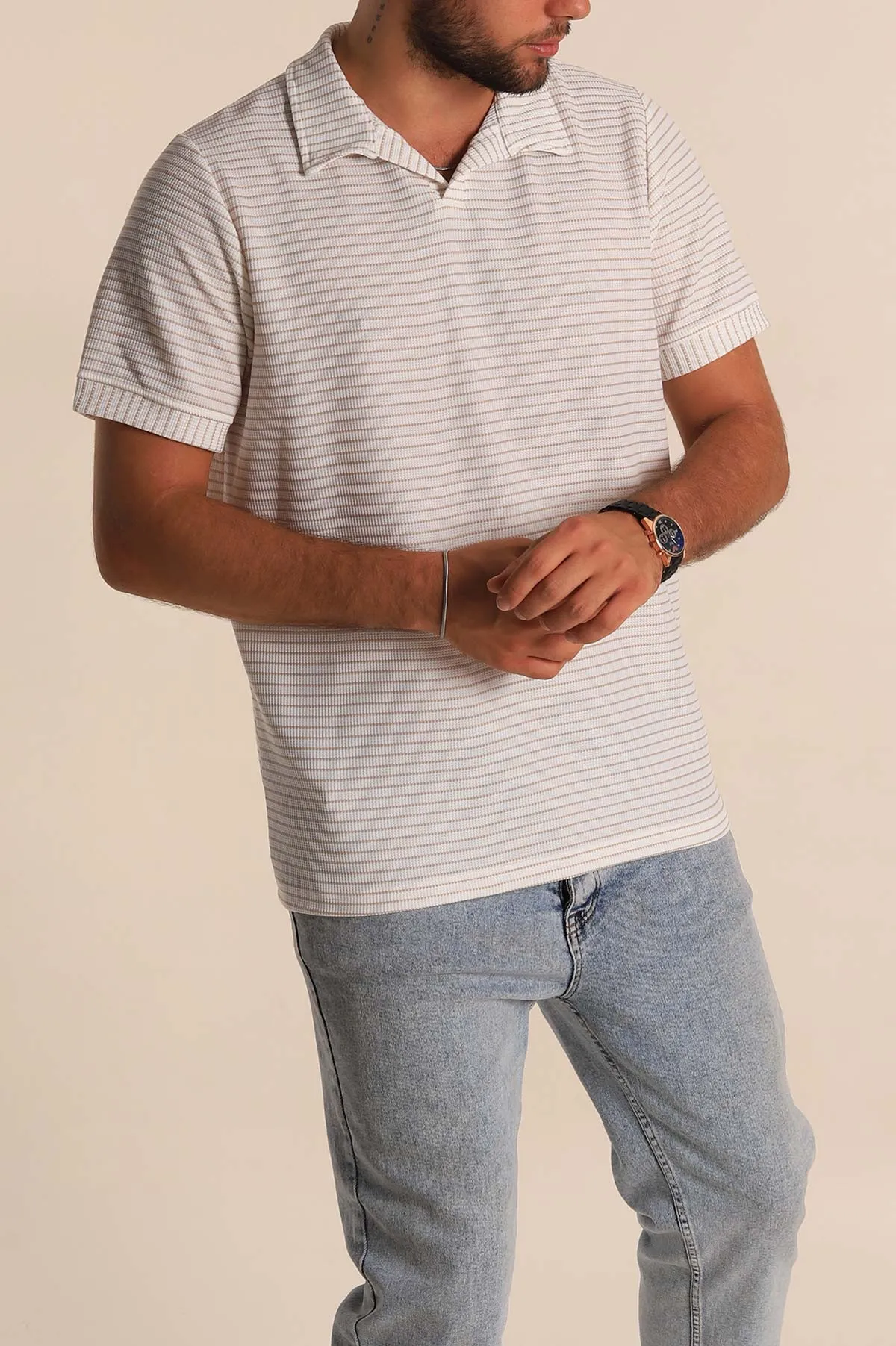 Beyaz Bej Çizgili Regular Fit Dokulu Polo Yaka Erkek Tişört 277088