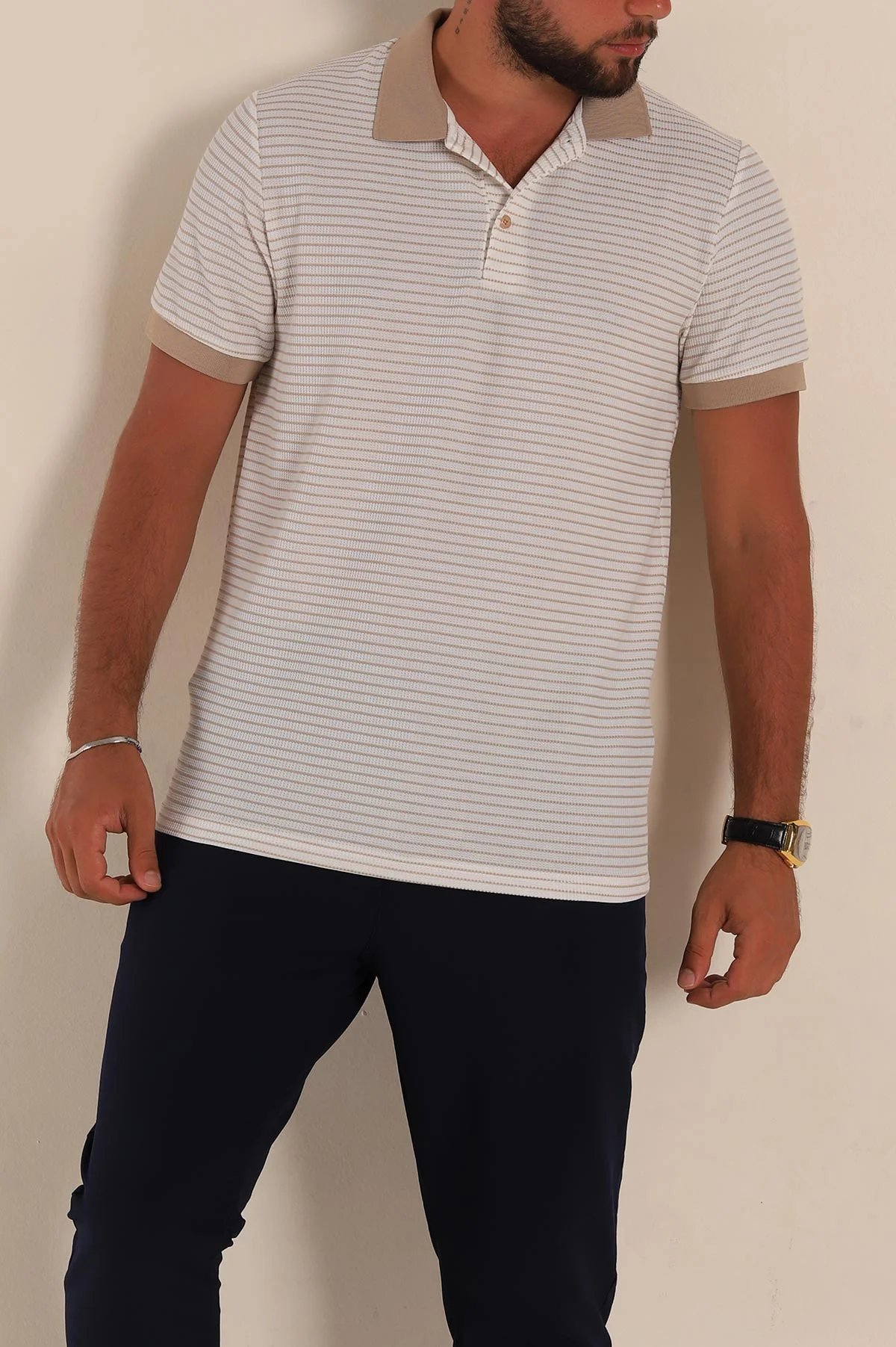 Beyaz Bej Çizgili Regular Fit Polo Yaka Erkek Tişört 277117
