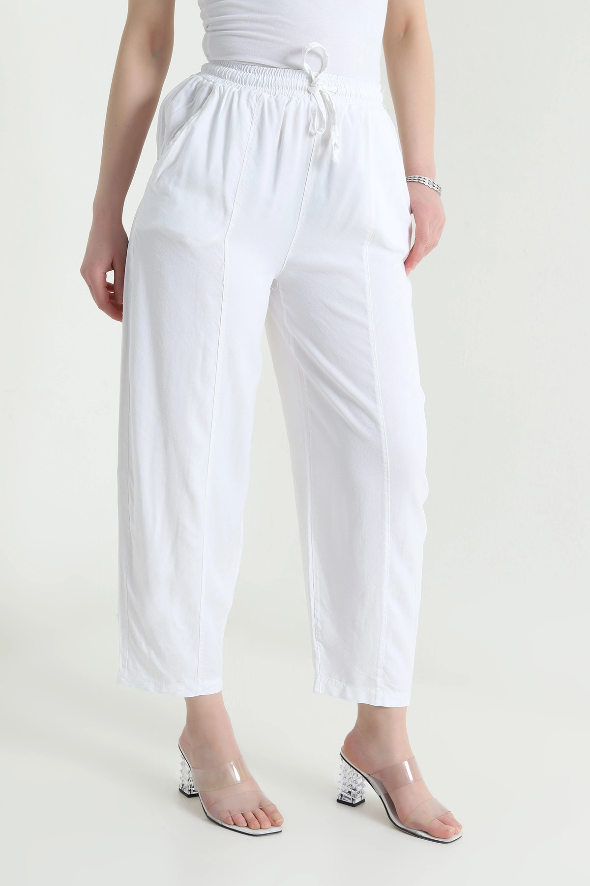 Beyaz Bel Lastikli Cepli Tencel Kadın Şalvar Pantolon 453171
