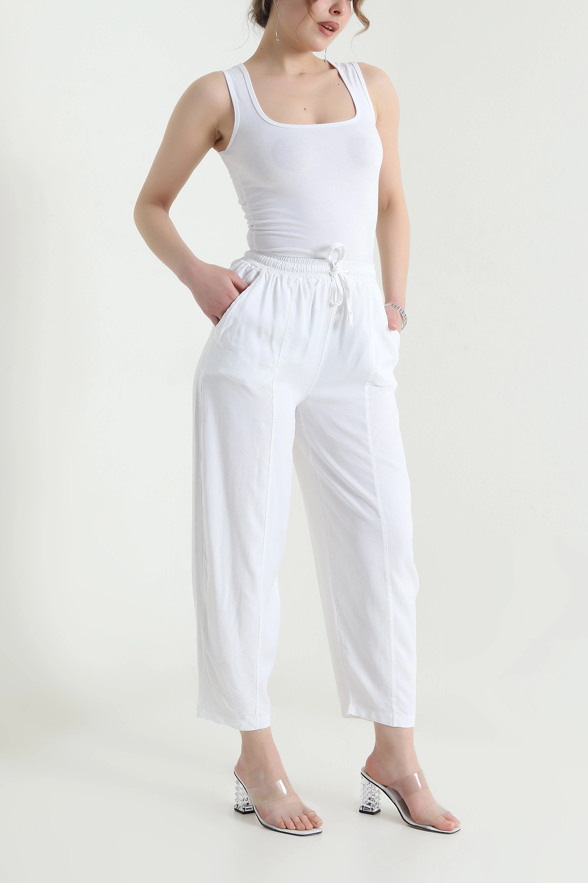 Beyaz Bel Lastikli Cepli Tencel Kadın Şalvar Pantolon 453171