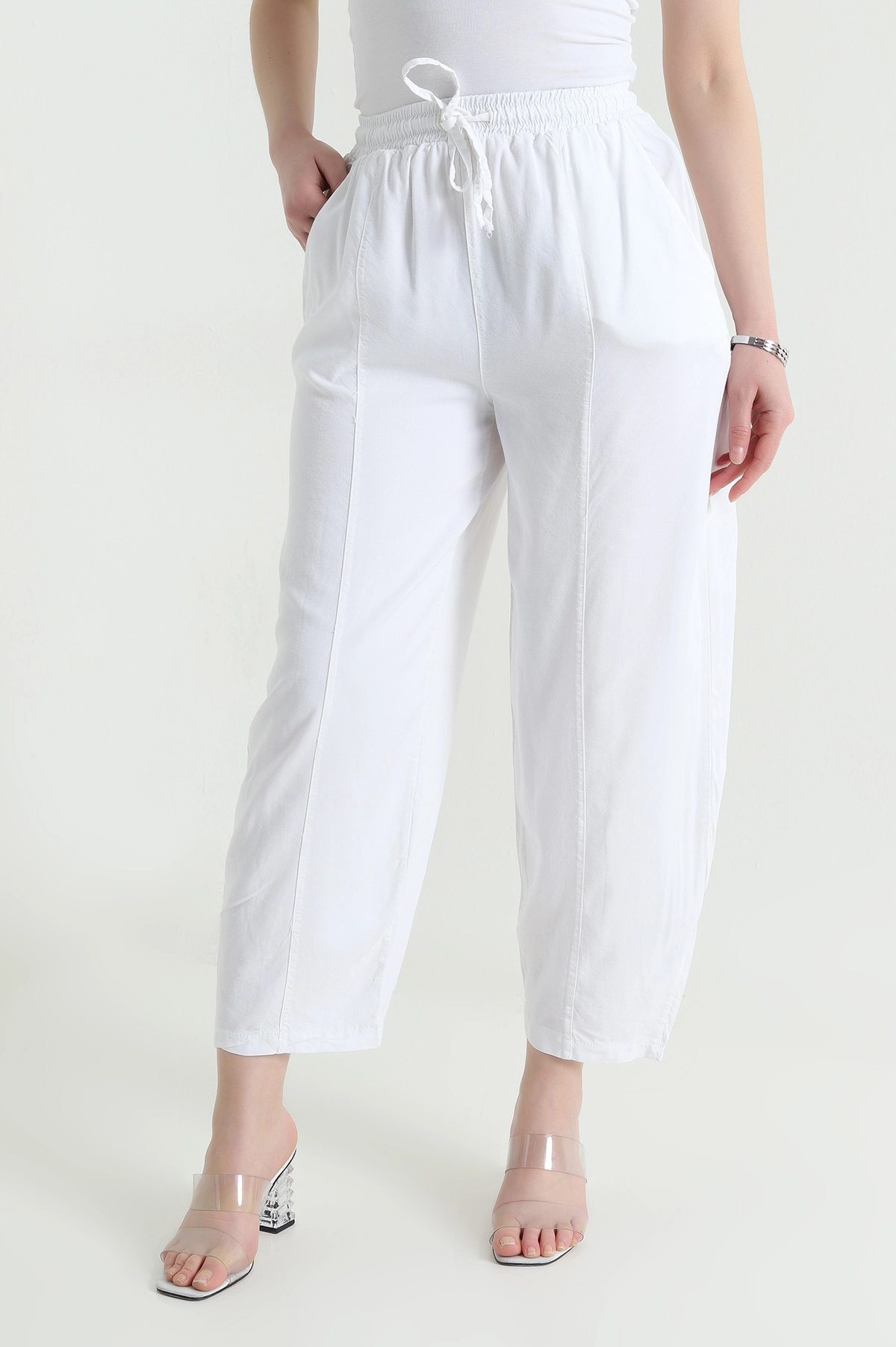 Beyaz Bel Lastikli Cepli Tencel Kadın Şalvar Pantolon 453171
