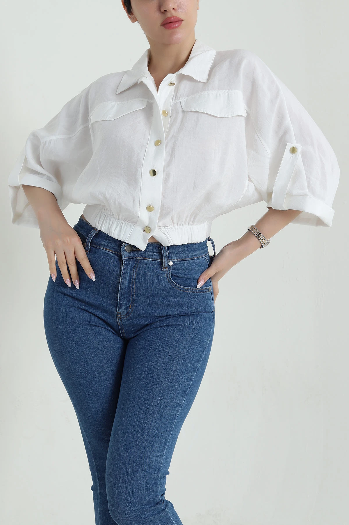 Beyaz Bel Lastikli Tencel Kadın Gömlek 458830