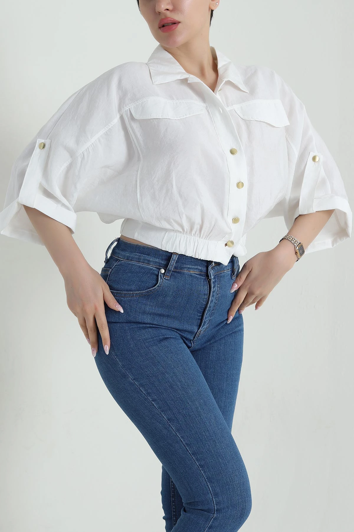 Beyaz Bel Lastikli Tencel Kadın Gömlek 458830