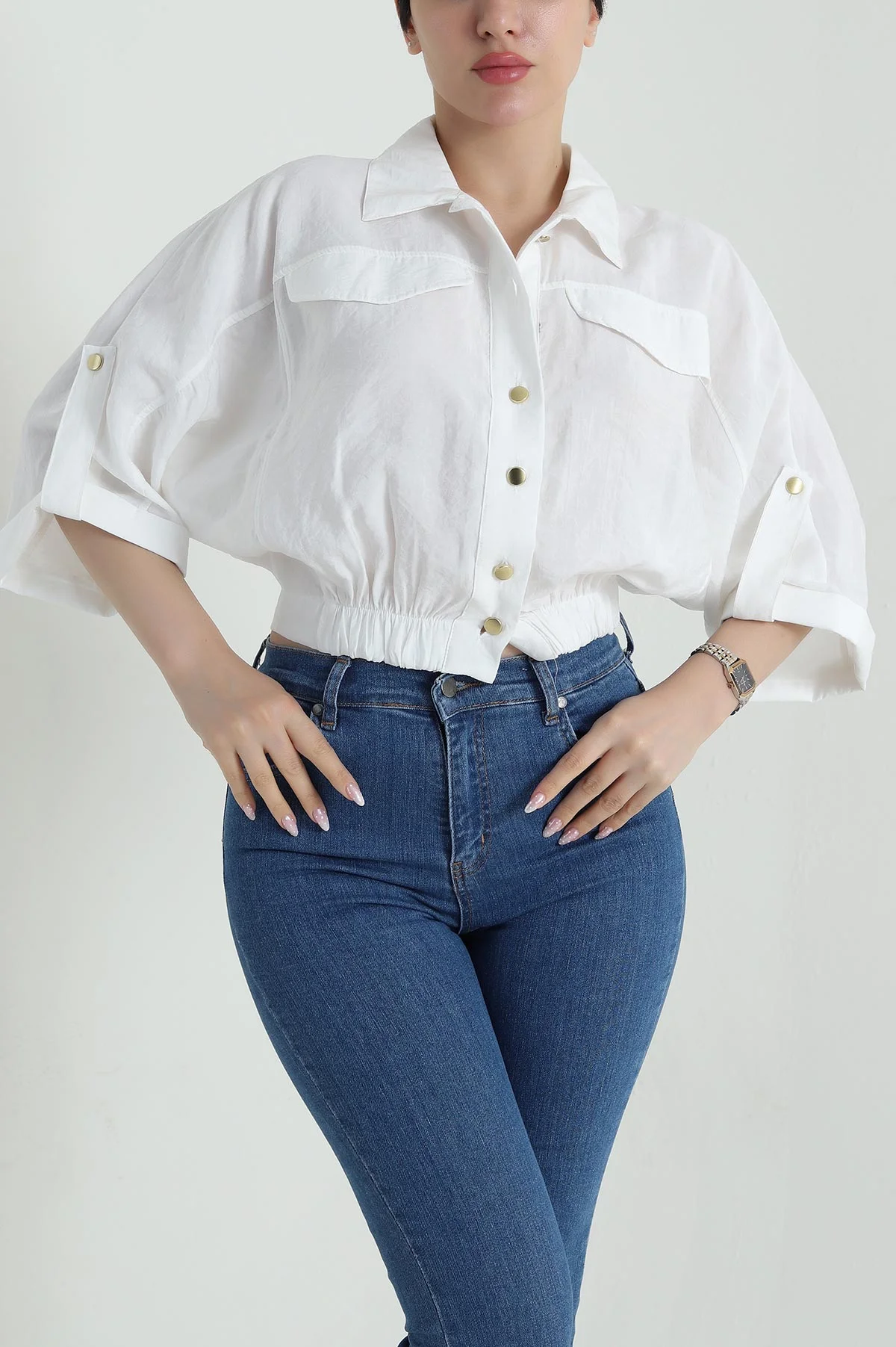 Beyaz Bel Lastikli Tencel Kadın Gömlek 458830