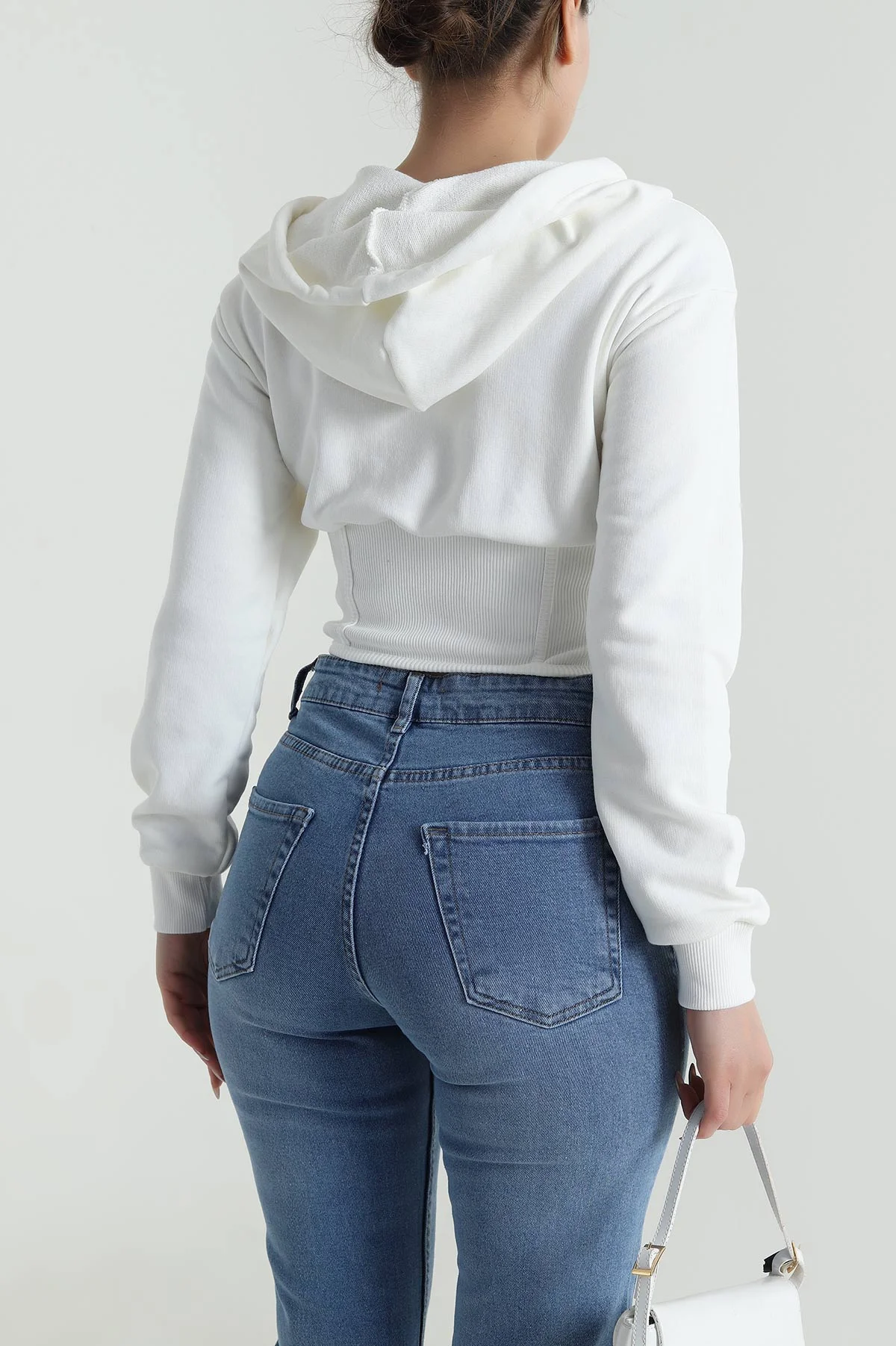 Beyaz Beli Korseli Şardonsuz Üç İp Kadın Fermuarlı Sweat 486166