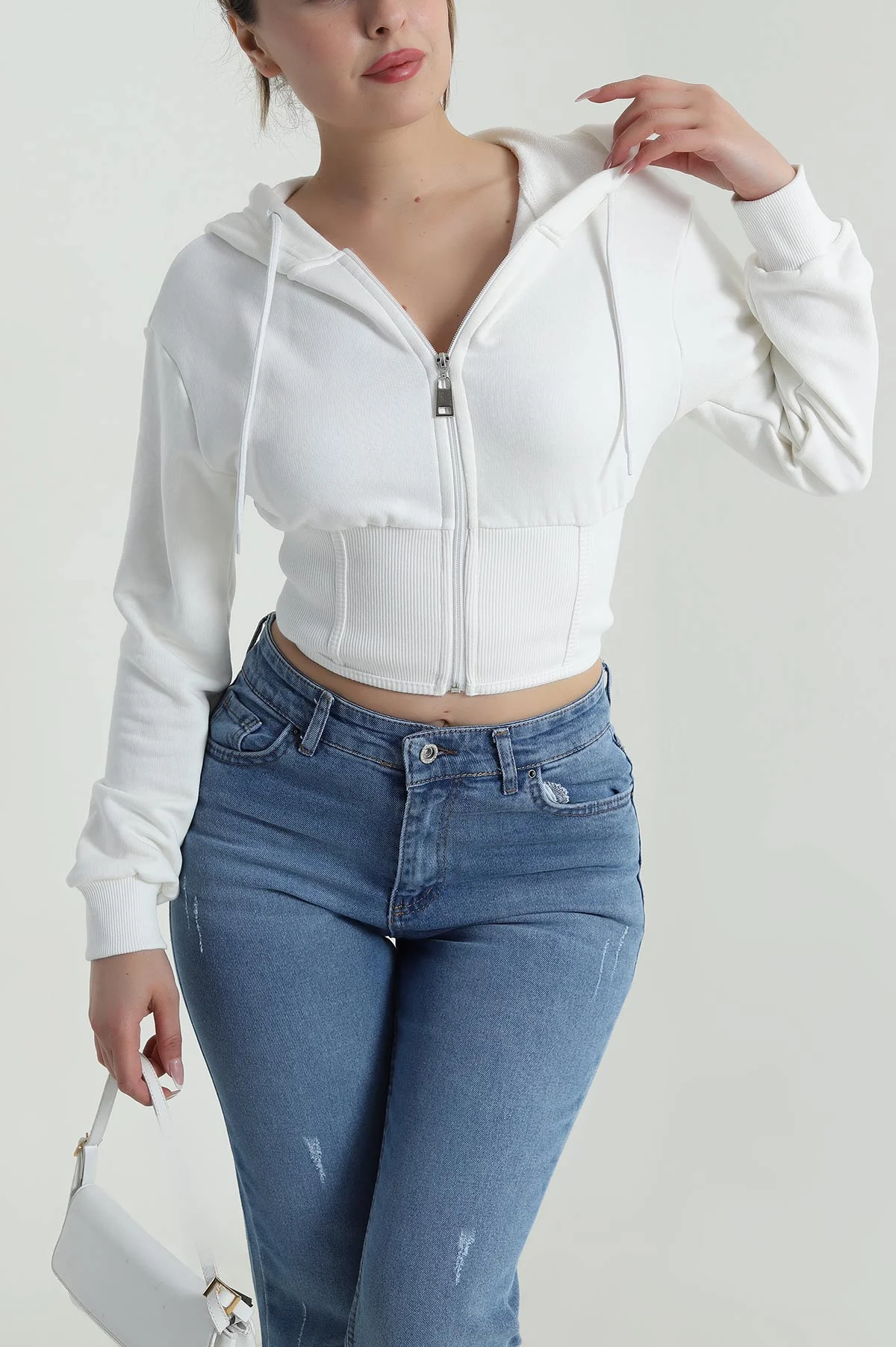 Beyaz Beli Korseli Şardonsuz Üç İp Kadın Fermuarlı Sweat 486166