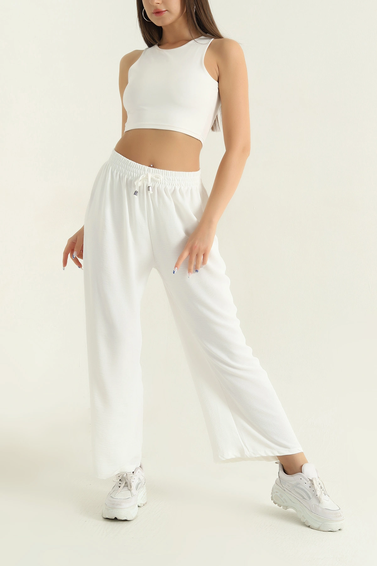 Beyaz Beli Lastikli Aerobin Palazzo Kadın Pantolon 367118