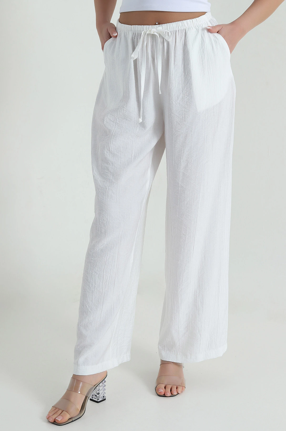 Beyaz Beli Lastikli Çilek Kadın Pantolon 459115
