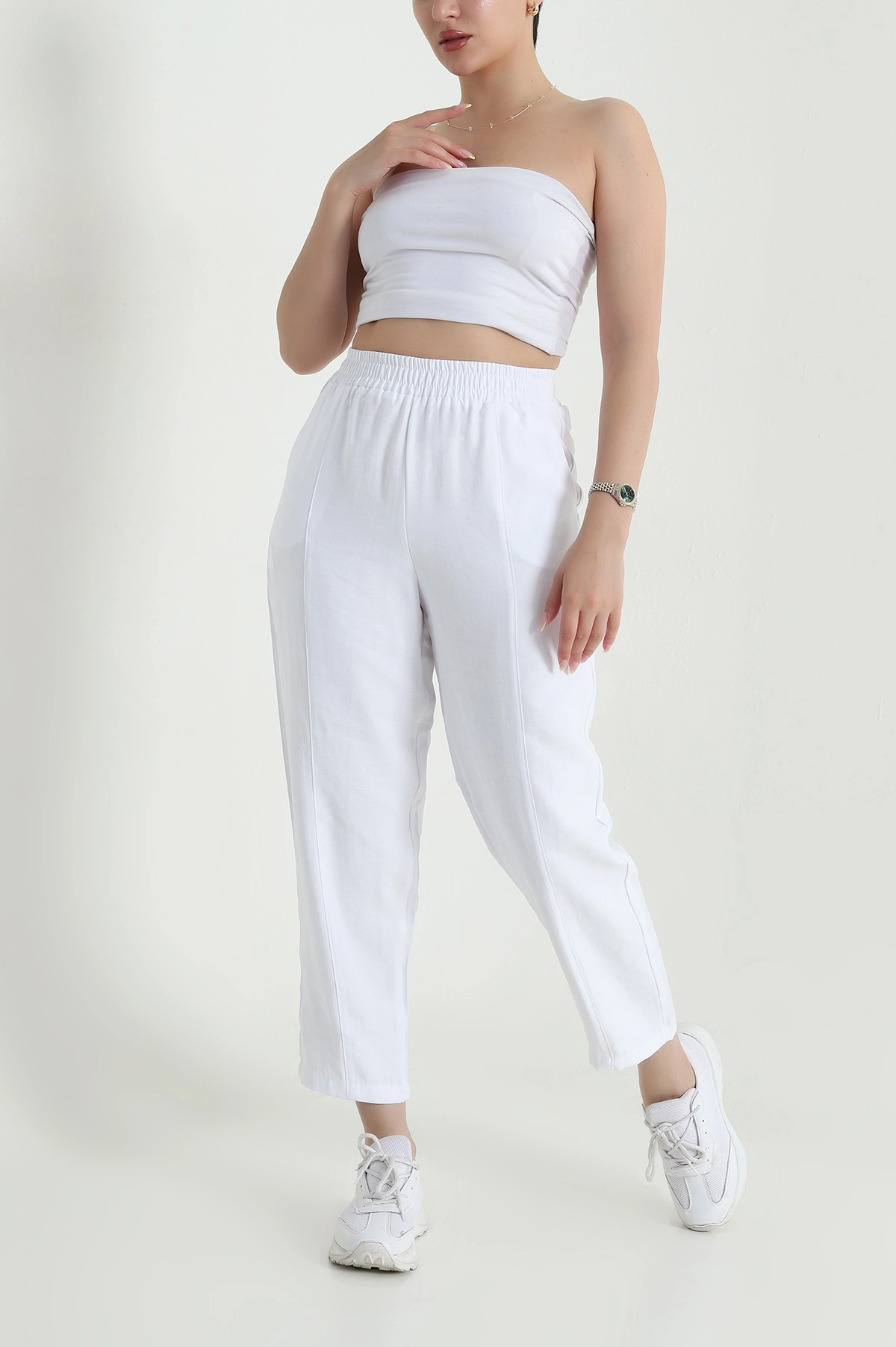 Beyaz Beli Lastikli Diagonel Modal Kadın Pantolon 467500