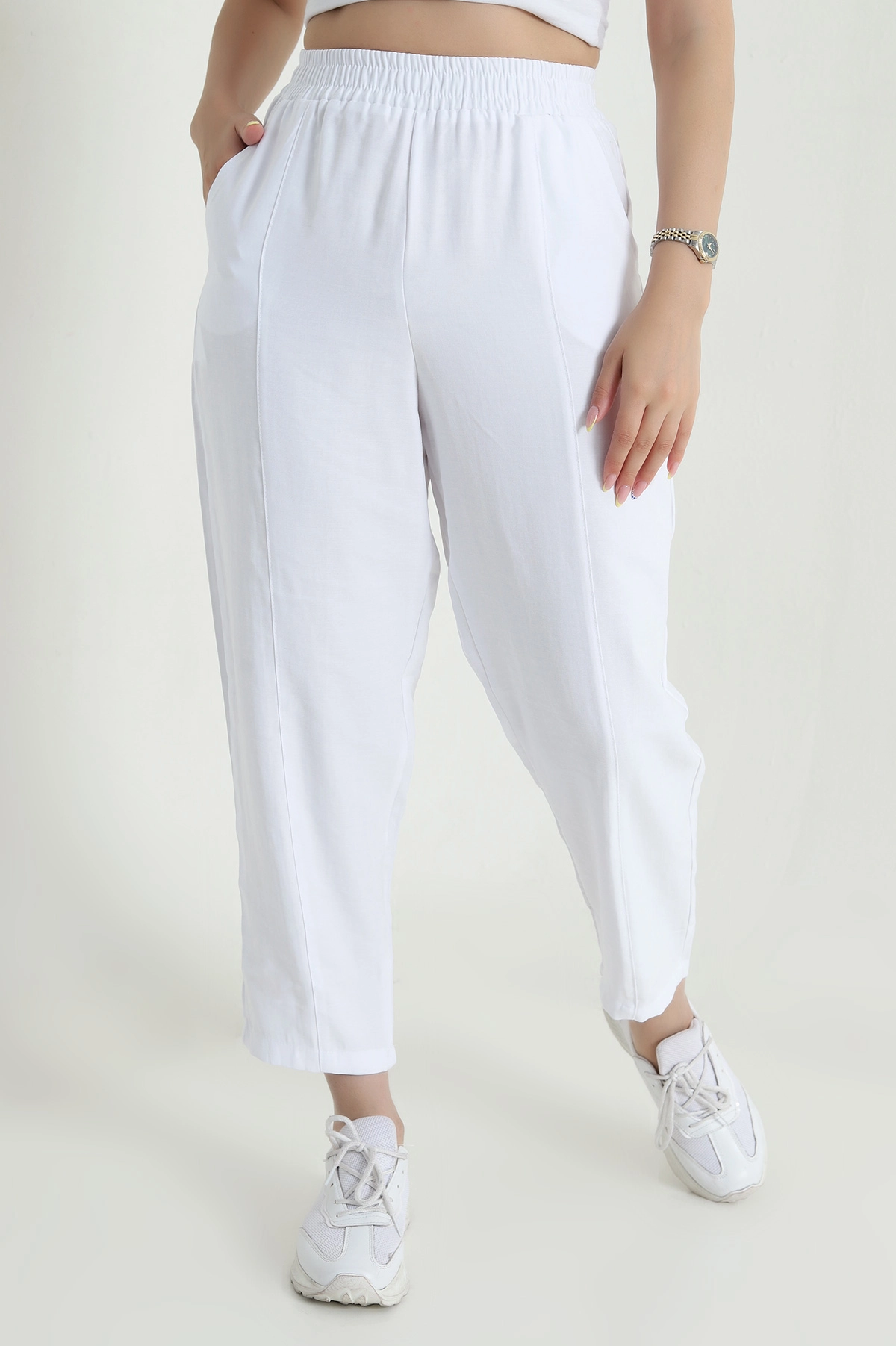 Beyaz Beli Lastikli Diagonel Modal Kadın Pantolon 467500