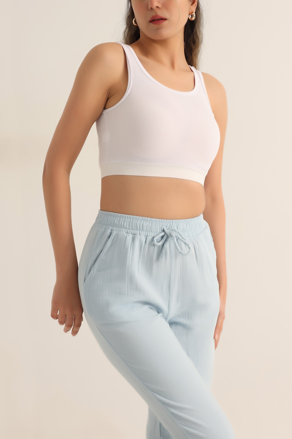 Beyaz Beli Lastikli Fitilli Likralı Crop 180264
