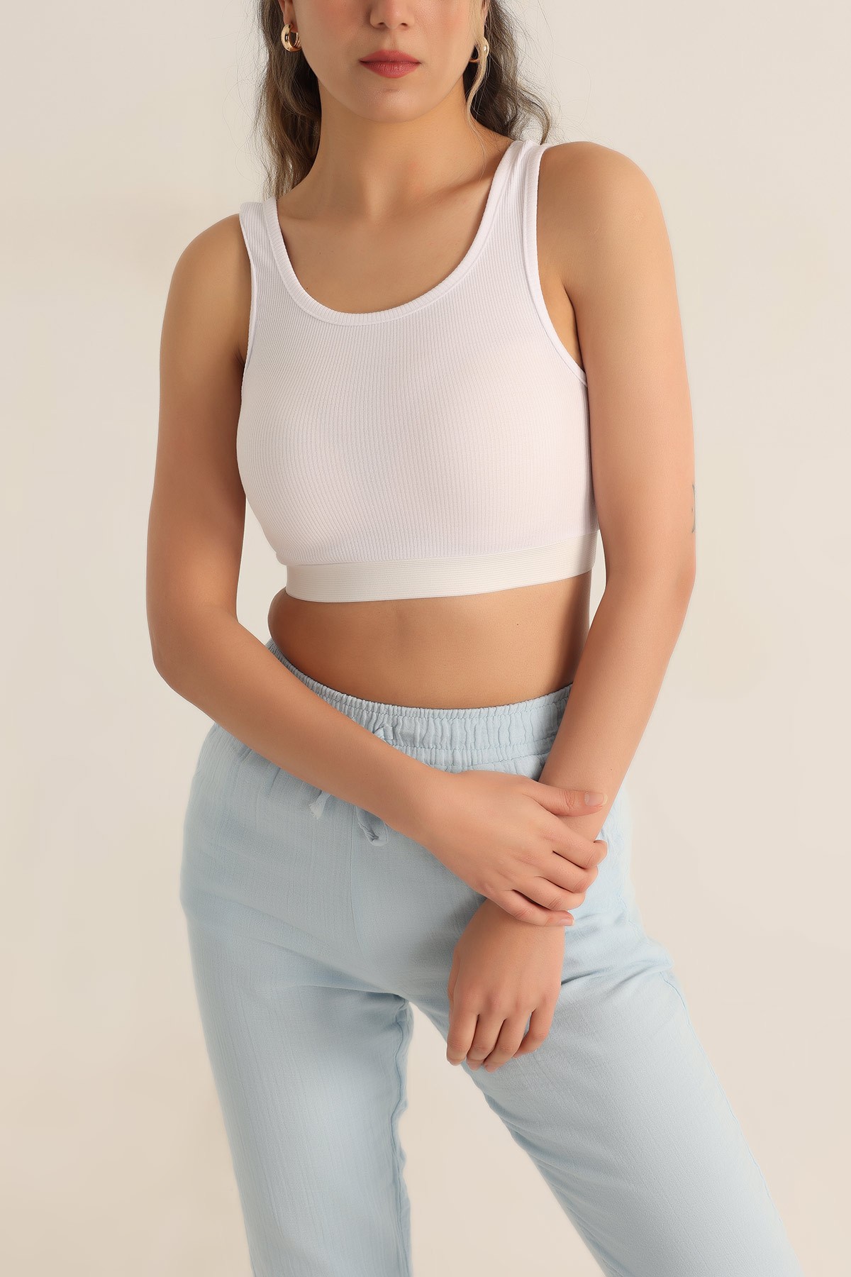 Beyaz Beli Lastikli Fitilli Likralı Crop 180264