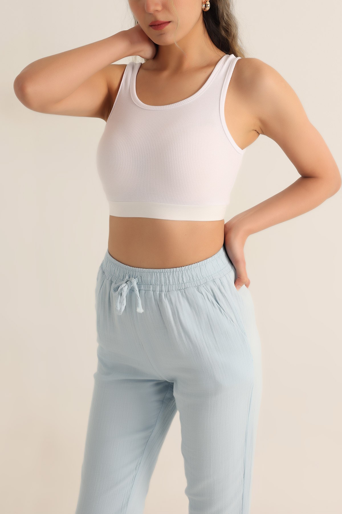 Beyaz Beli Lastikli Fitilli Likralı Crop 180264