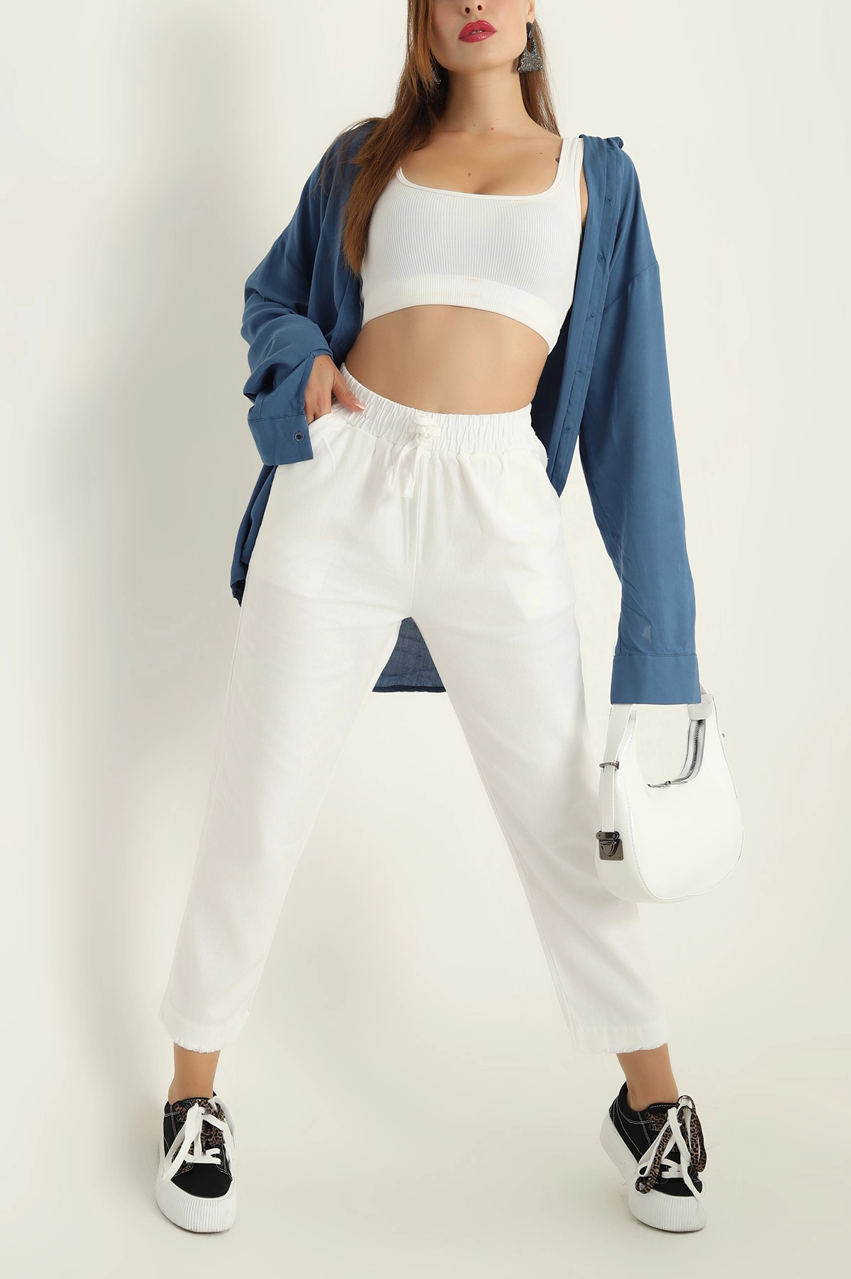 Beyaz Beli lastikli Gabardin Bayan Pantolon 297345