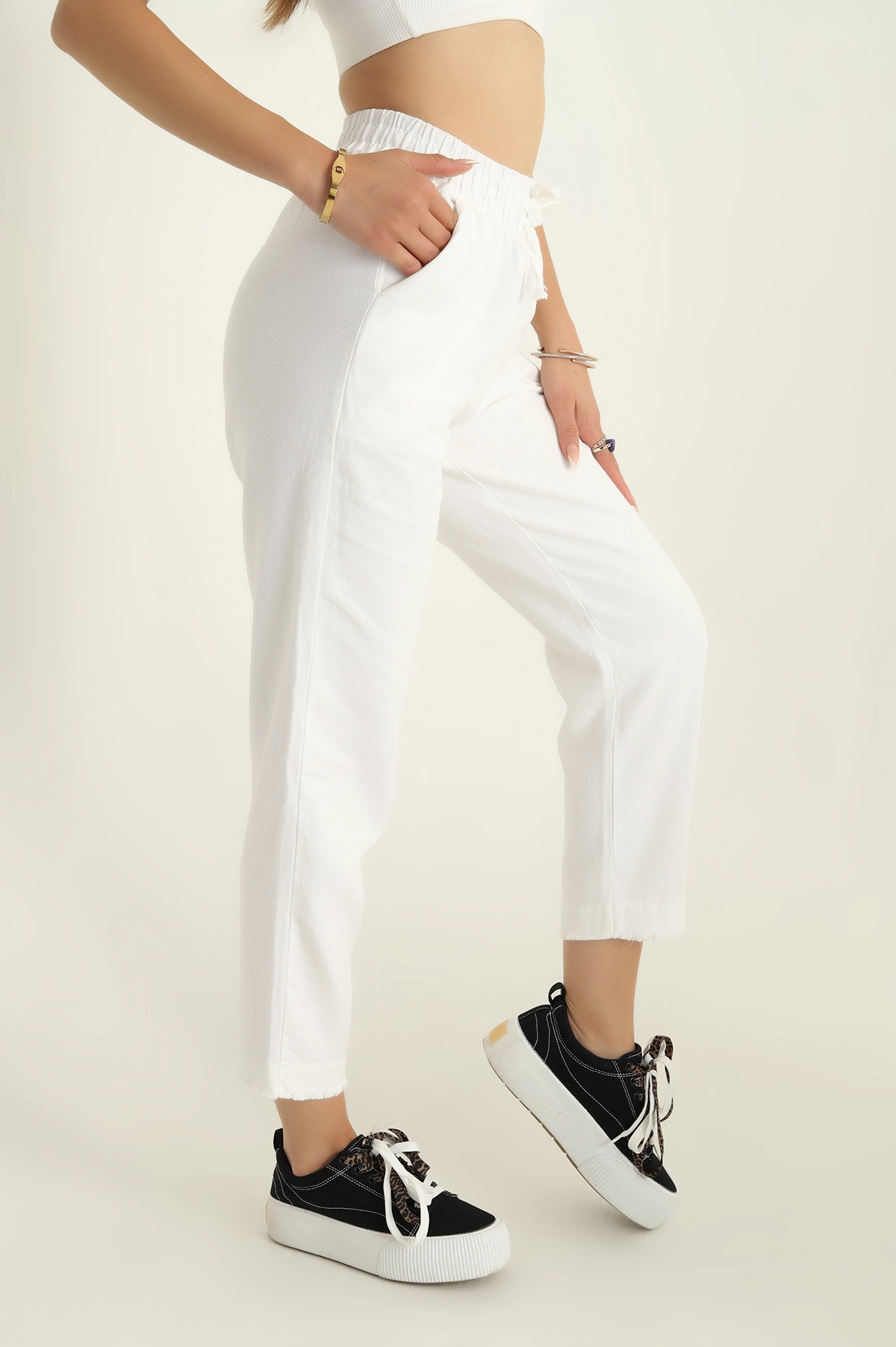 Beyaz Beli lastikli Gabardin Bayan Pantolon 297345