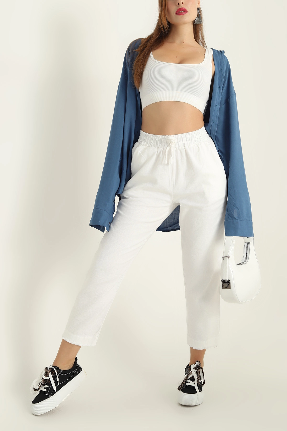 Beyaz Beli lastikli Gabardin Bayan Pantolon 297345