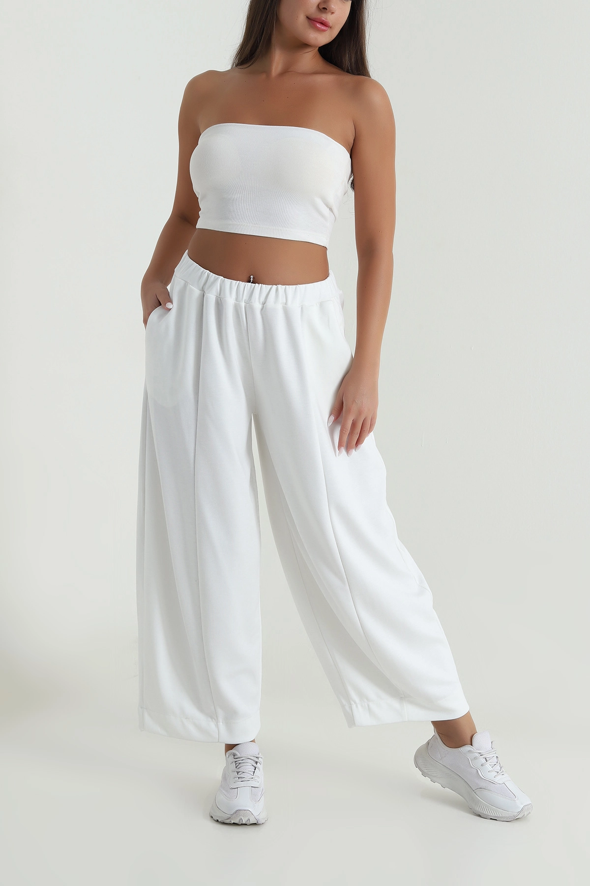 Beyaz Beli Lastikli Modal Kadın Şalvar Pantolon 487859