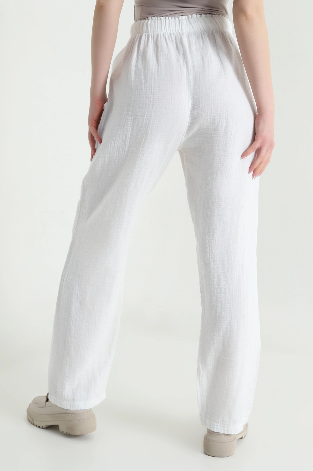 Beyaz Beli Lastikli Müslin Keten Kadın Pantolon 451557