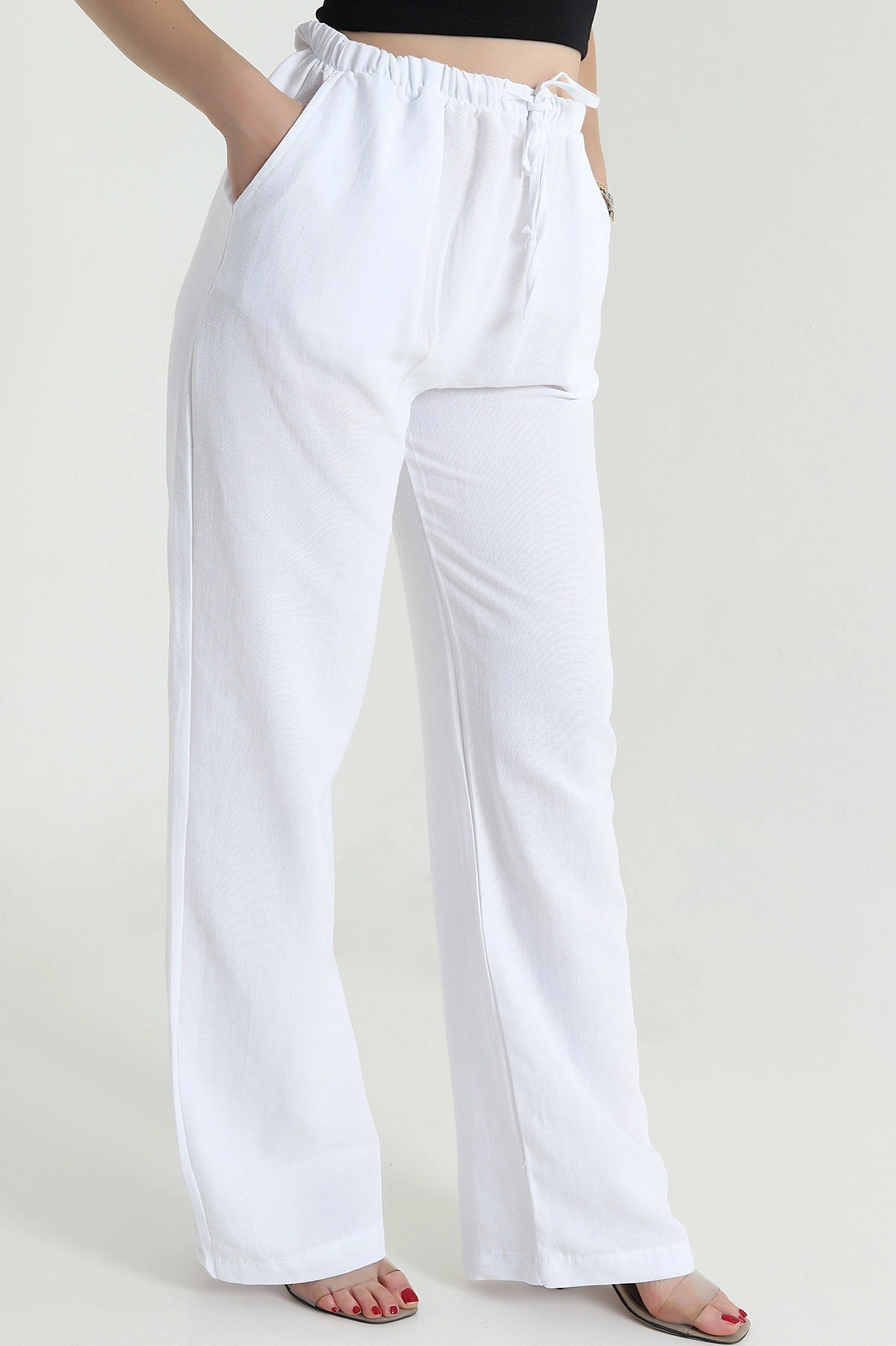 Beyaz Beli Lastikli Palazzo Kadın Keten Pantolon 478621