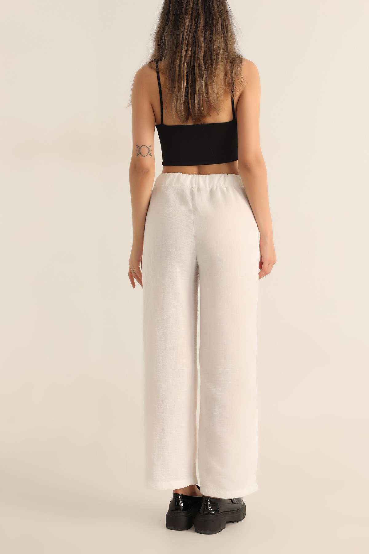 Beyaz Beli Lastikli Rahat Kalıp Keten Pantolon 186479