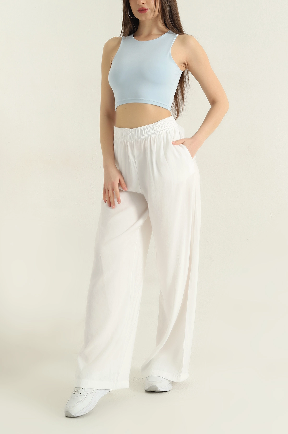 Beyaz Beli Lastikli Tensel Kadın Pantolon 359215