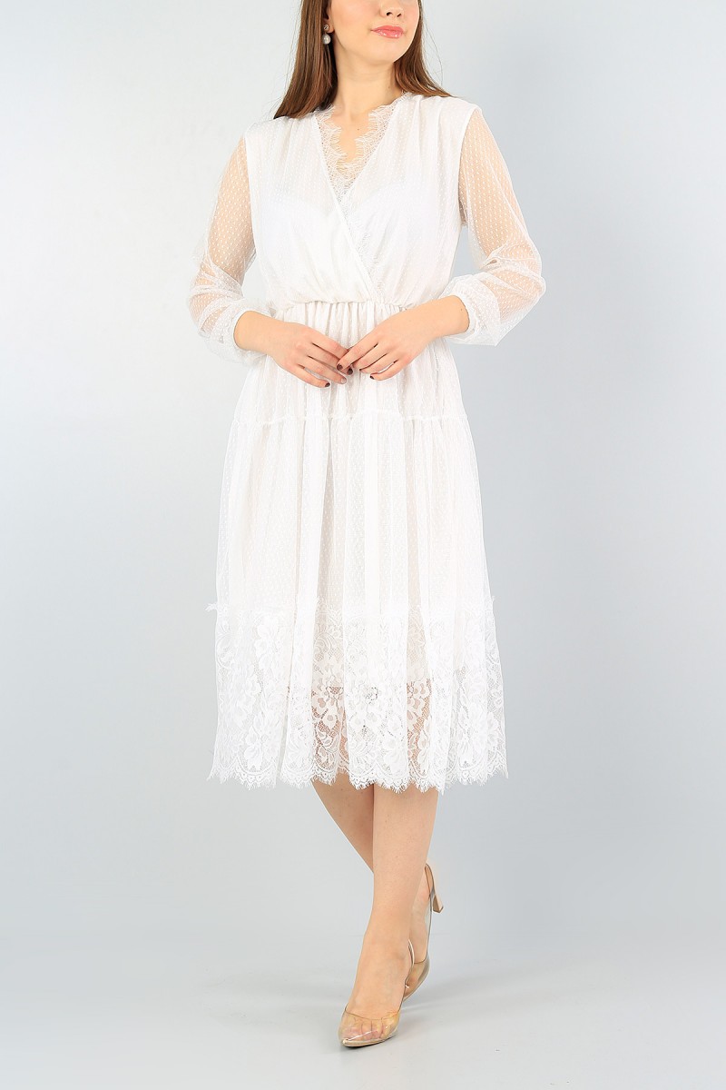 Beyaz Beli Lastikli Tül Tasarım Elbise 57837