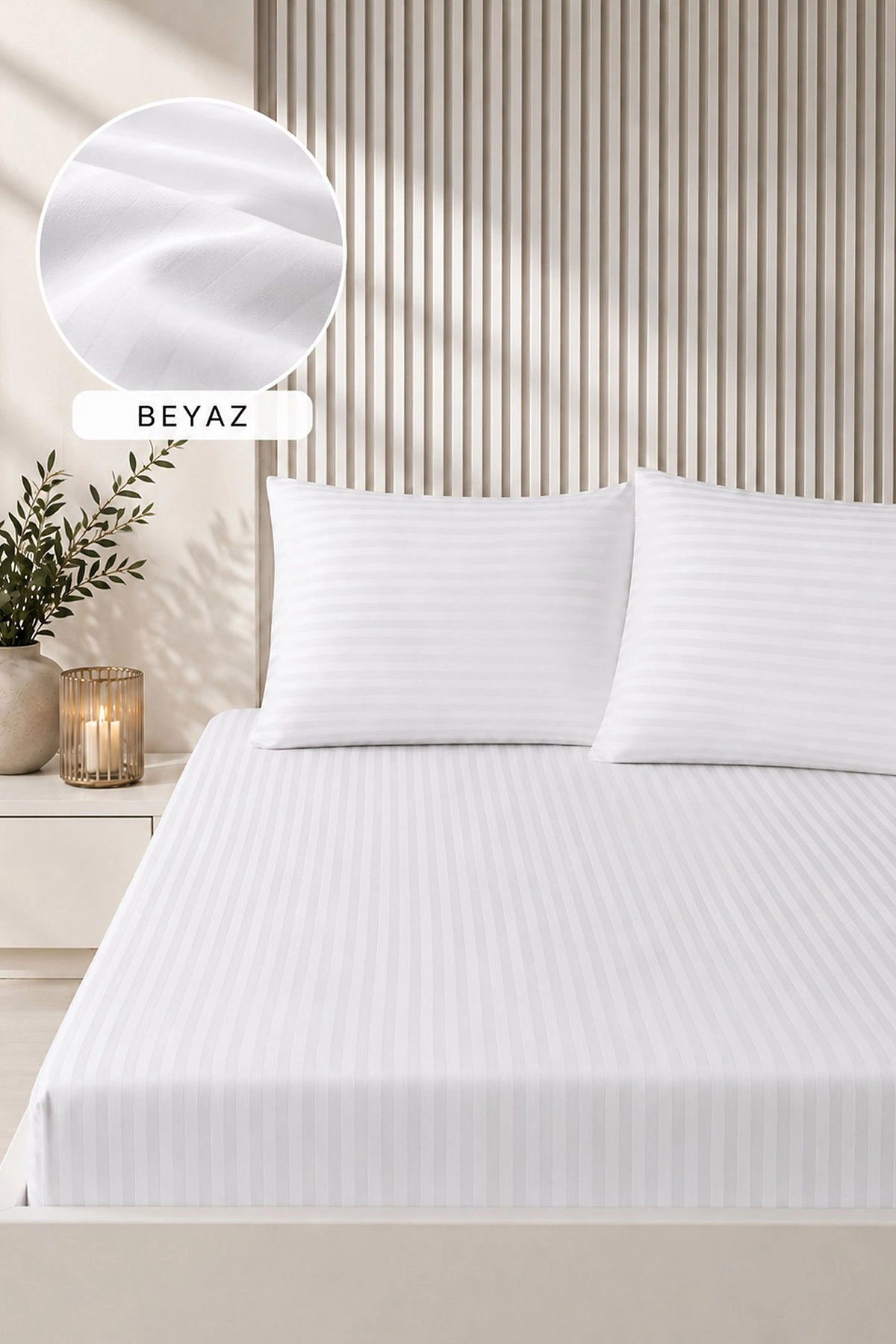 Beyaz Bella Home 160x200 Cm Çift Kişilik Çizgili Saten Çarşaf Seti 483034