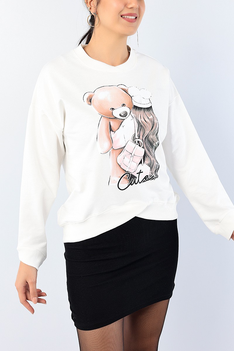 Beyaz Bisiklet Yaka Baskılı Bayan Sweat 75209