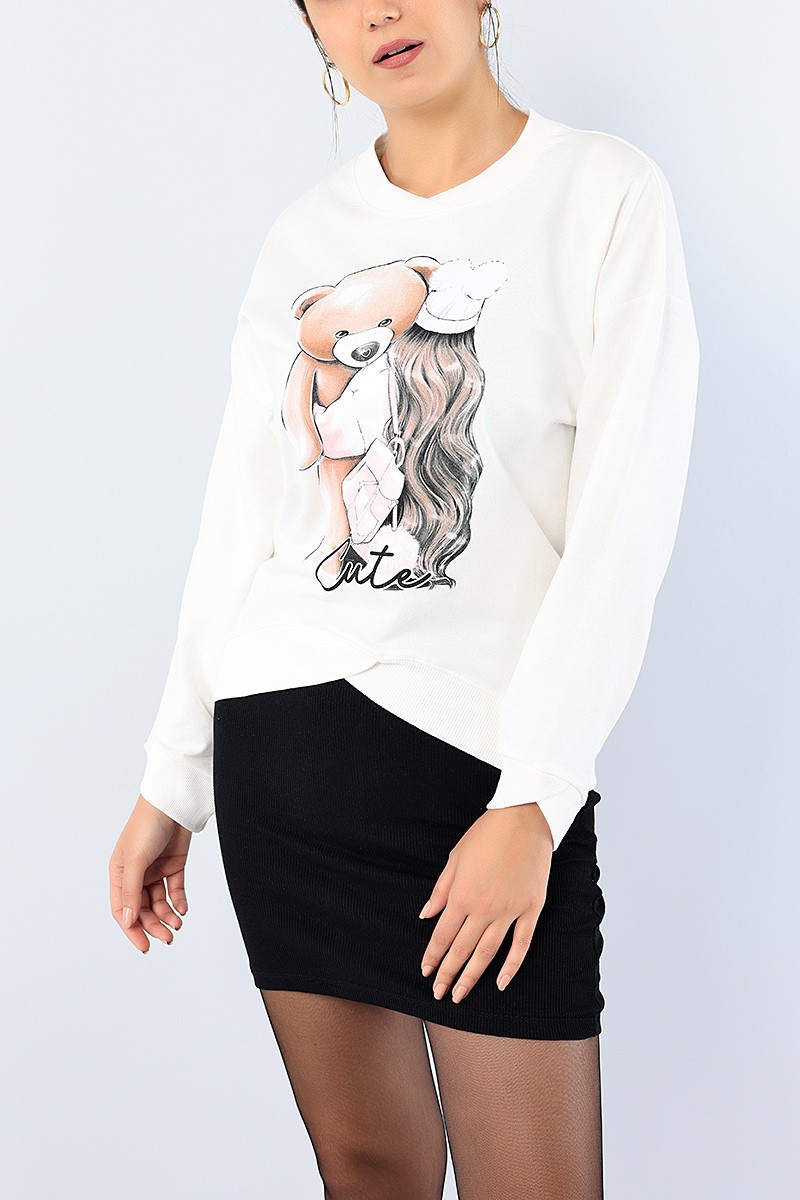Beyaz Bisiklet Yaka Baskılı Bayan Sweat 75209