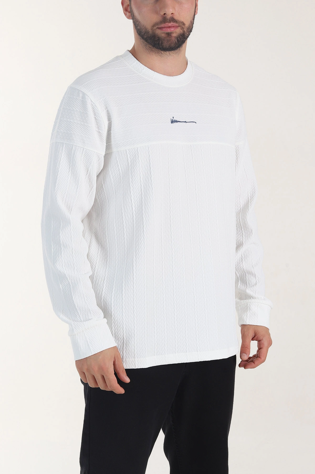 Beyaz Bisiklet Yaka Dokulu Nakış Detaylı Erkek Sweatshirt 406949