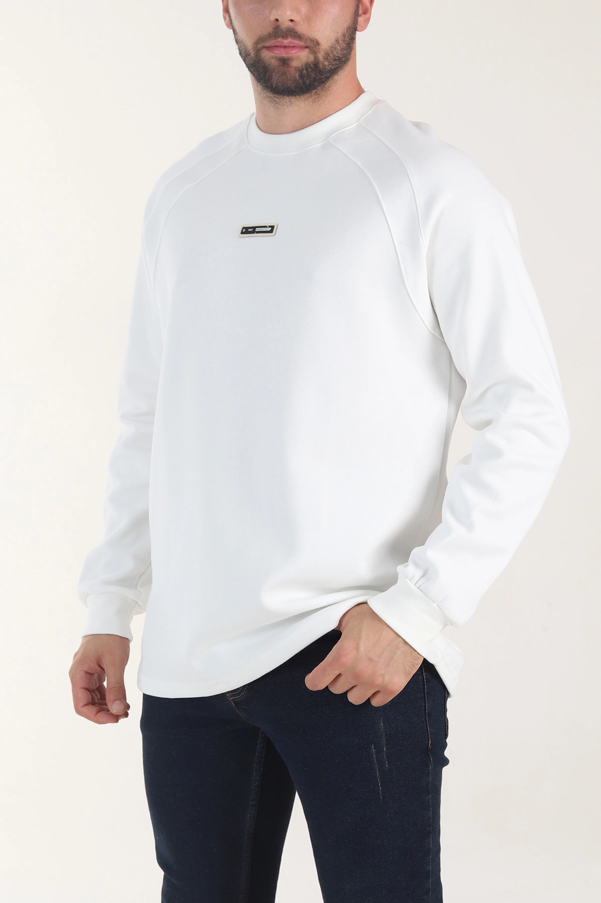 Beyaz Bisiklet Yaka Erkek Sweatshirt 406594
