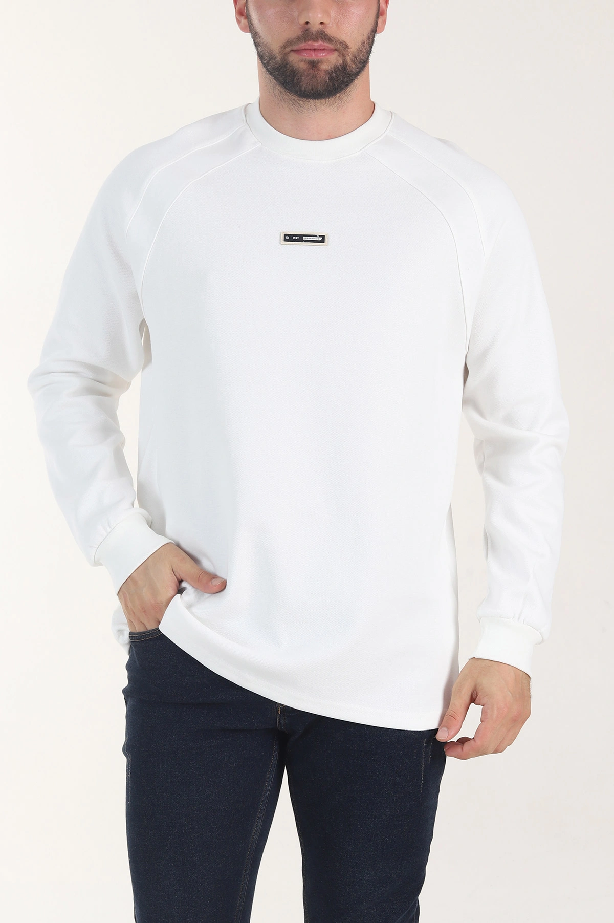 Beyaz Bisiklet Yaka Erkek Sweatshirt 406594