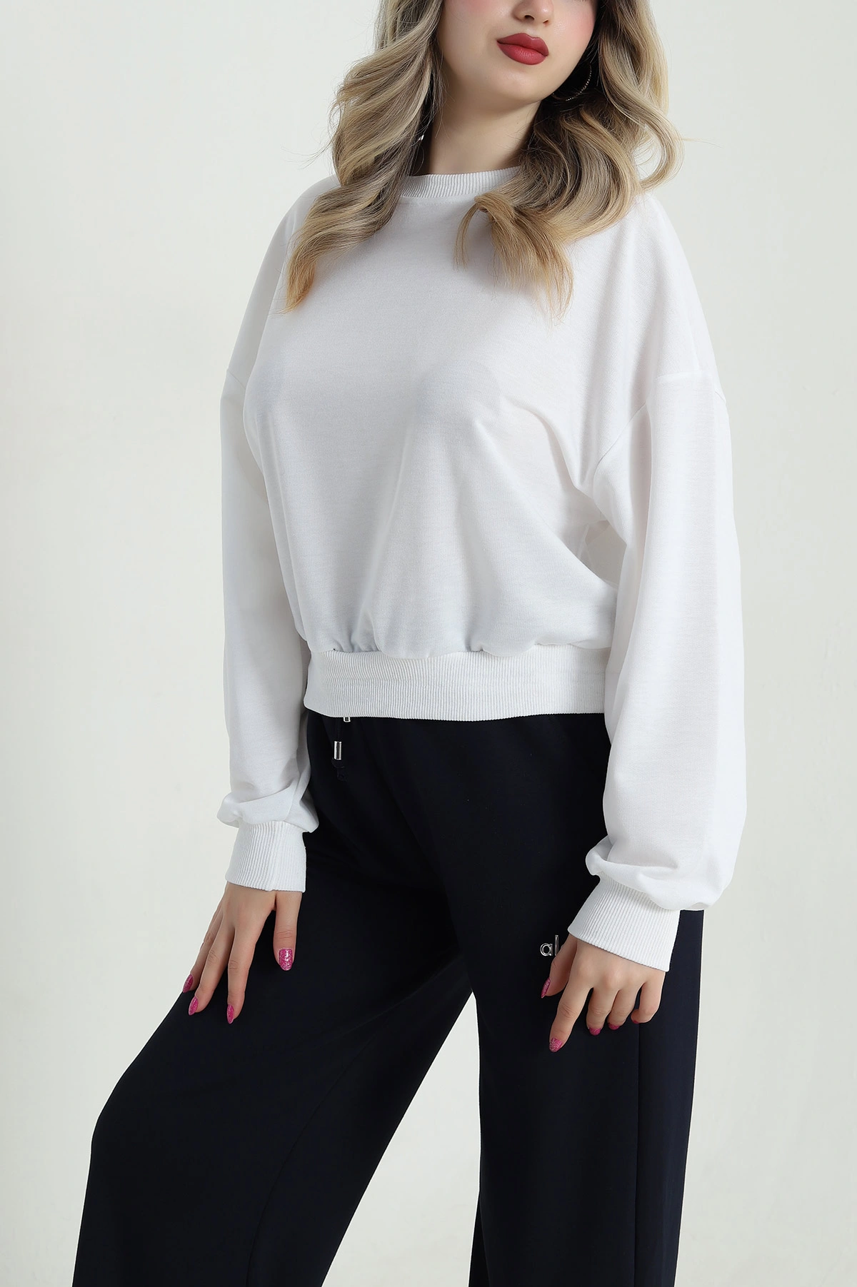 Beyaz Bisiklet Yaka İki İp Kadın Sweat 484275