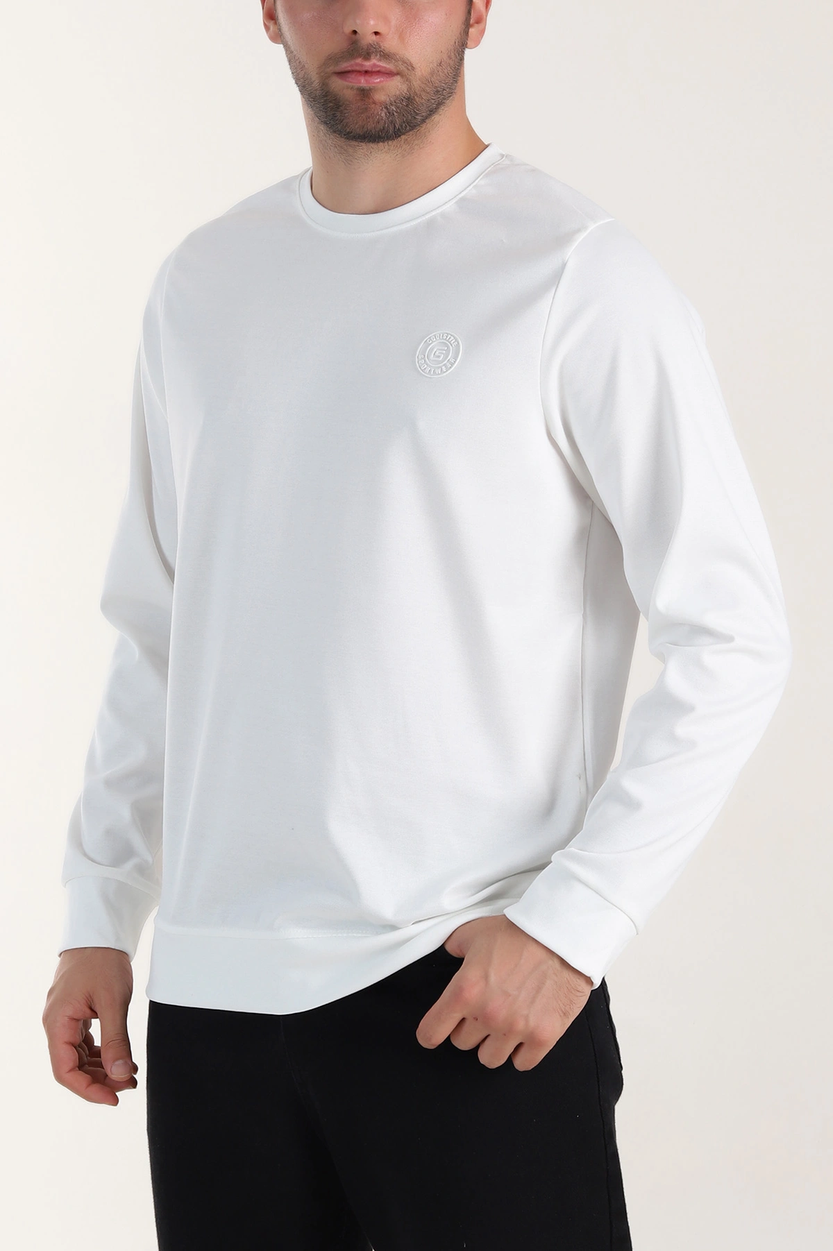 Beyaz Bisiklet Yaka Likralı Erkek Sweatshirt 410583