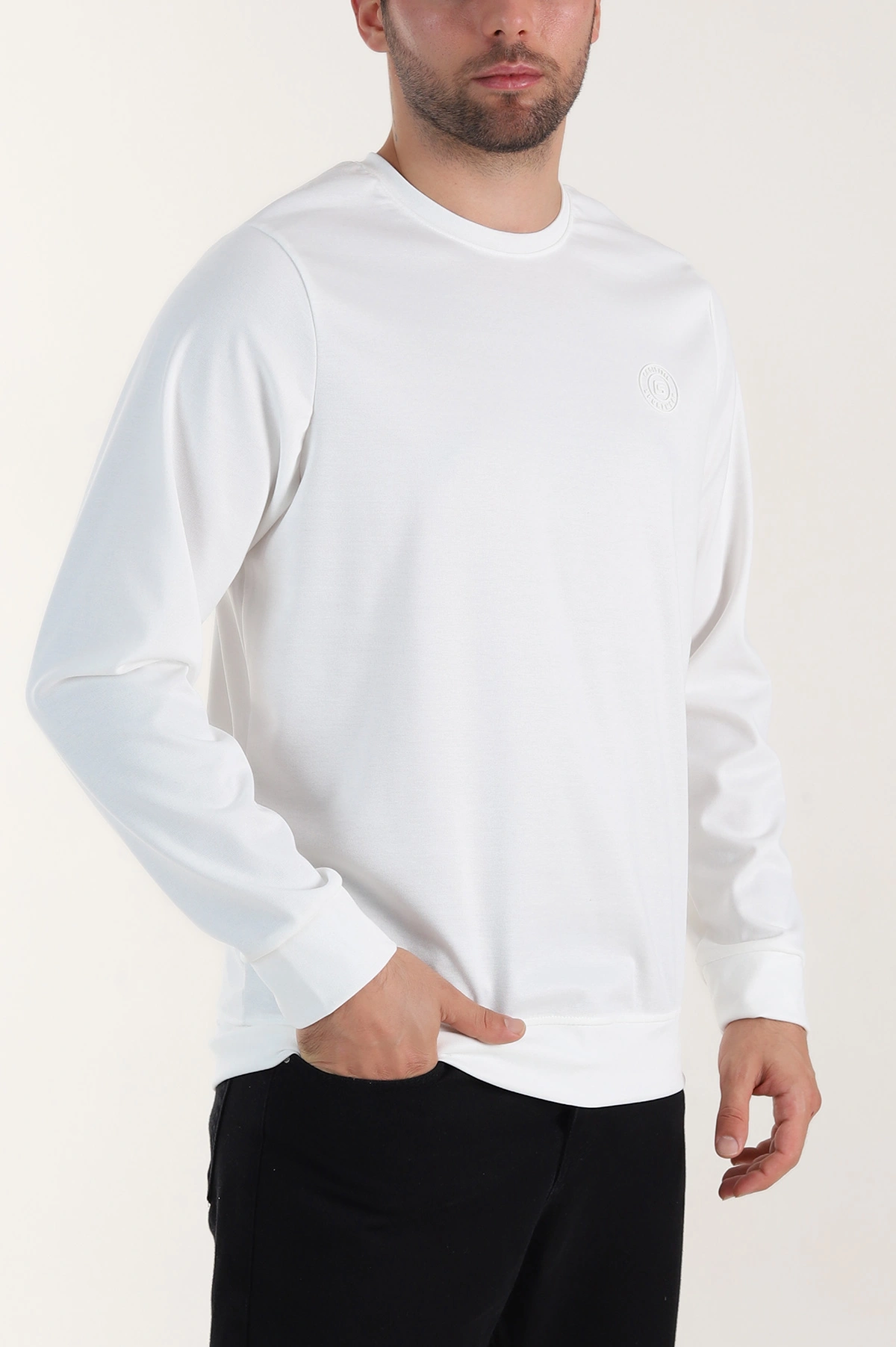 Beyaz Bisiklet Yaka Likralı Erkek Sweatshirt 410583