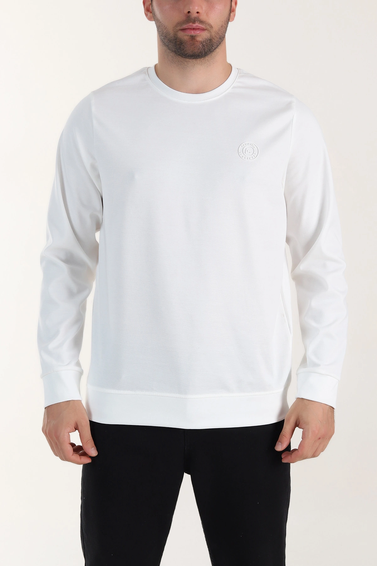 Beyaz Bisiklet Yaka Likralı Erkek Sweatshirt 410583