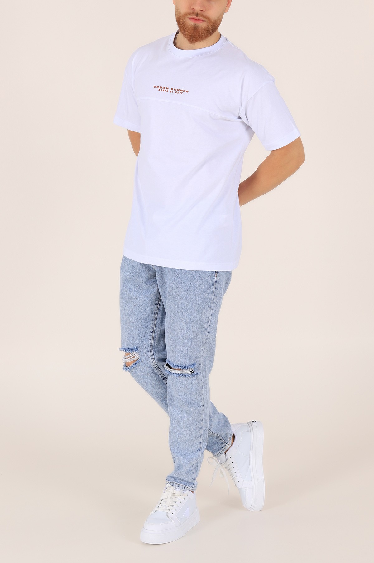 Beyaz Bisiklet Yaka Oversize Erkek Tişört 163274