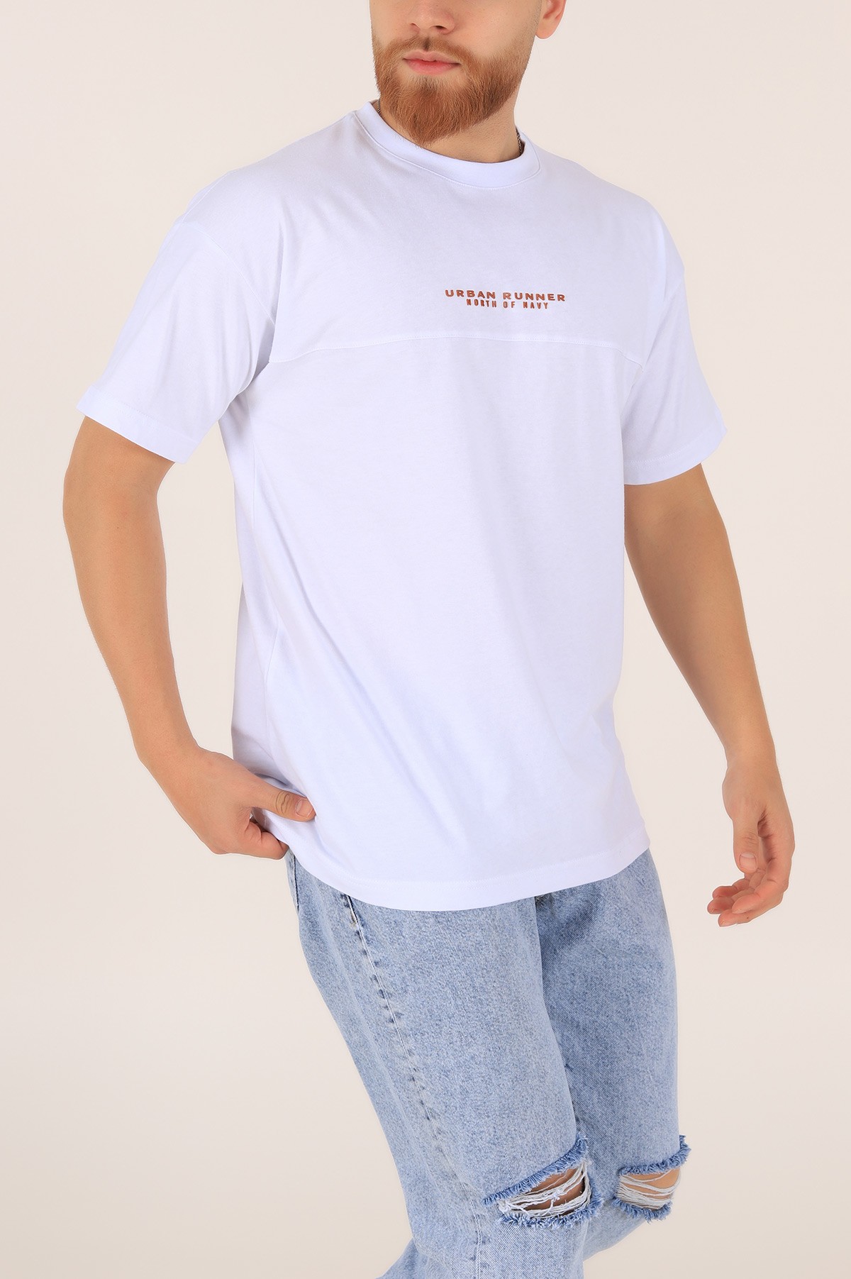 Beyaz Bisiklet Yaka Oversize Erkek Tişört 163274