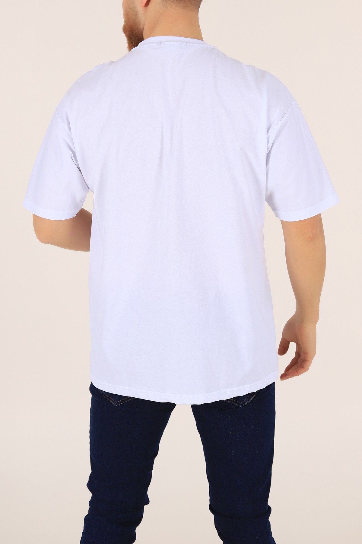Beyaz Bisiklet Yaka Oversize Erkek Tişört 169586