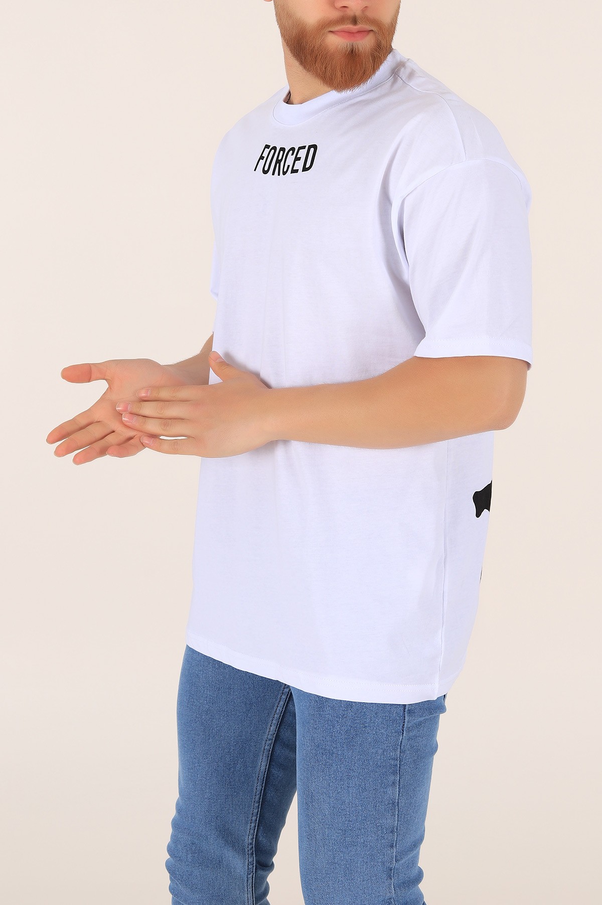 Beyaz Bisiklet Yaka Sırt Baskılı Oversize Erkek Tişört 169664