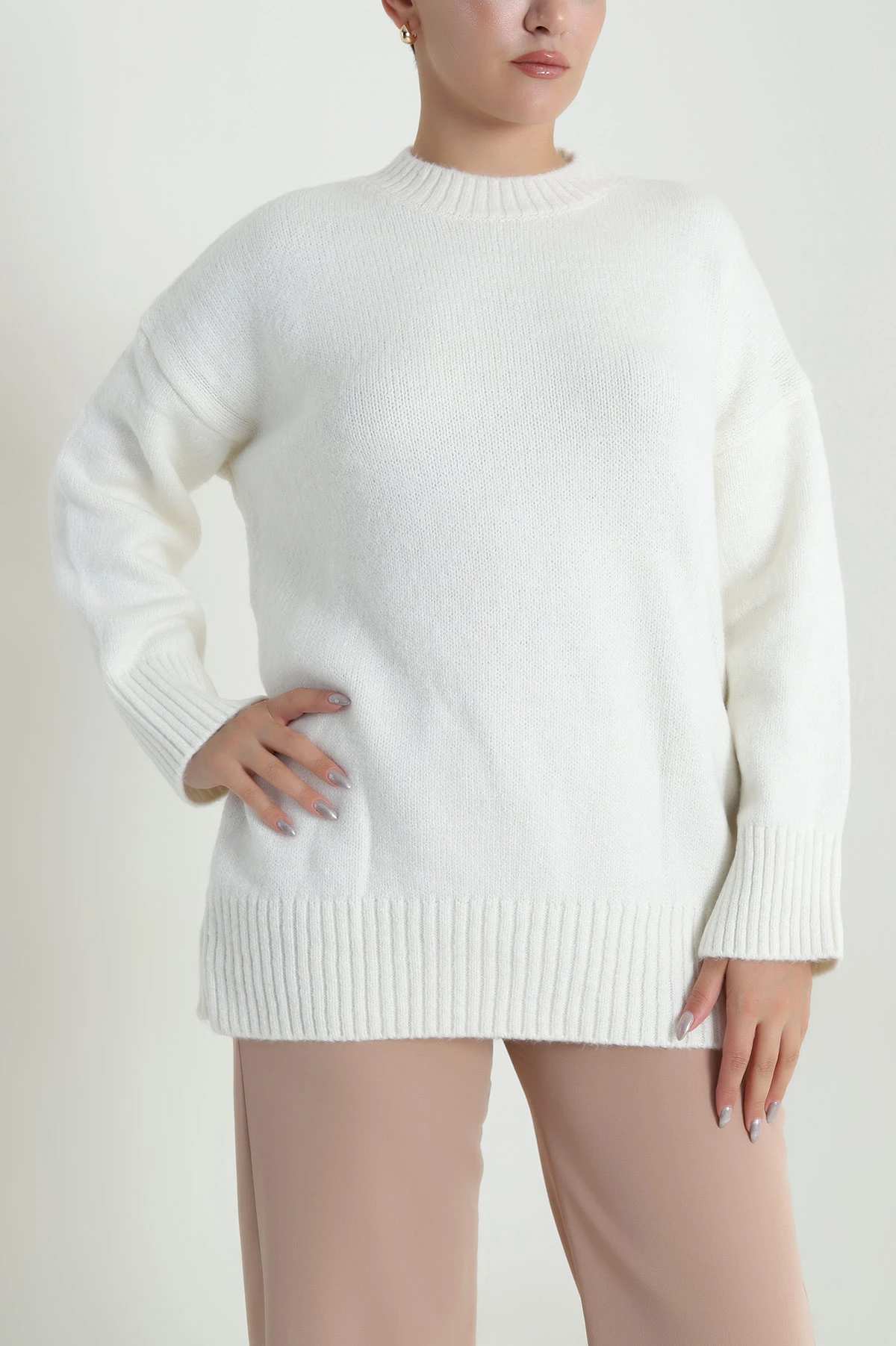 Beyaz Bisiklet Yaka Triko Kadın Kazak 483810