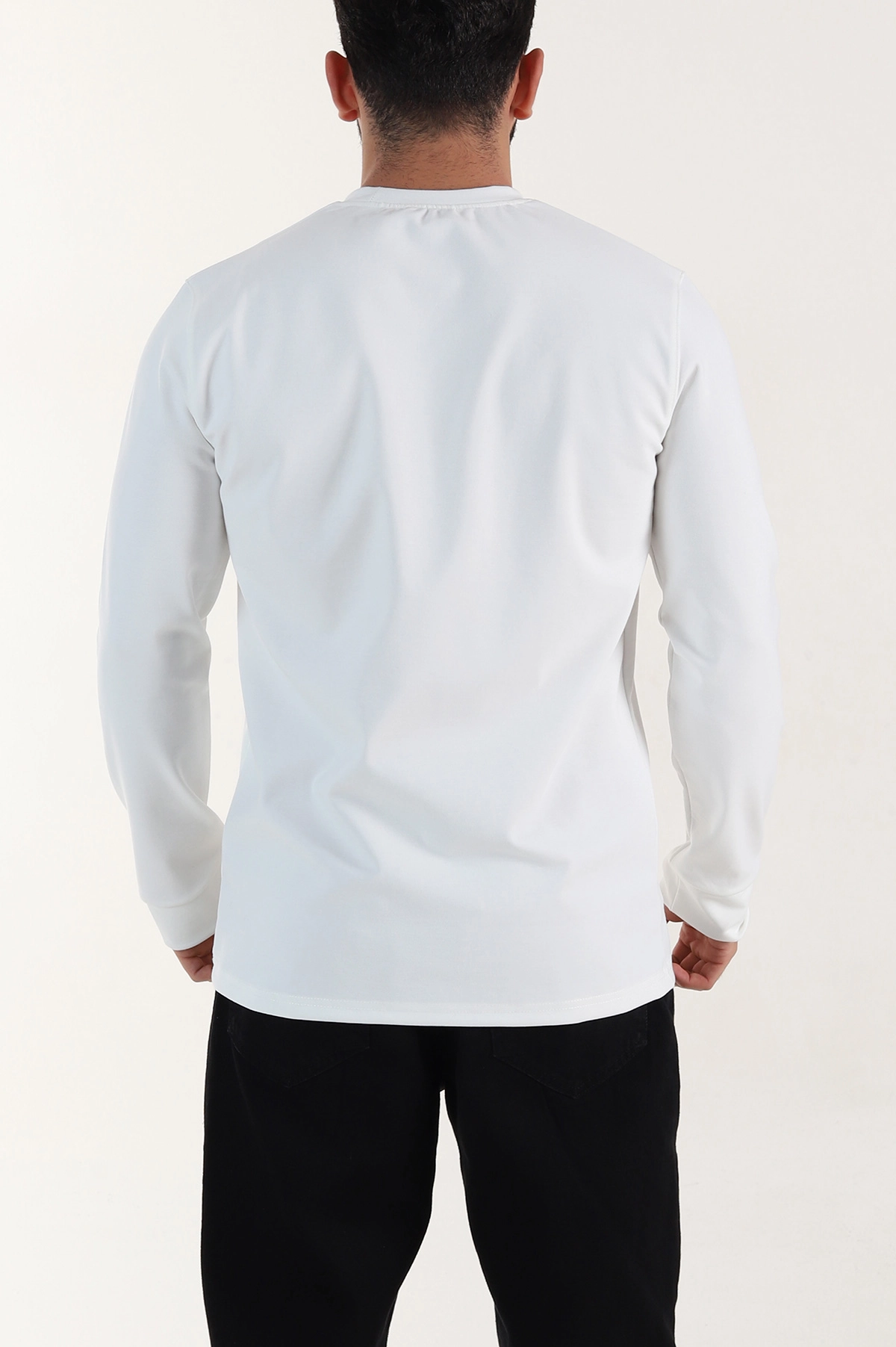 Beyaz Bisiklet Yaka Uzun Kollu Erkek Sweatshirt 396902