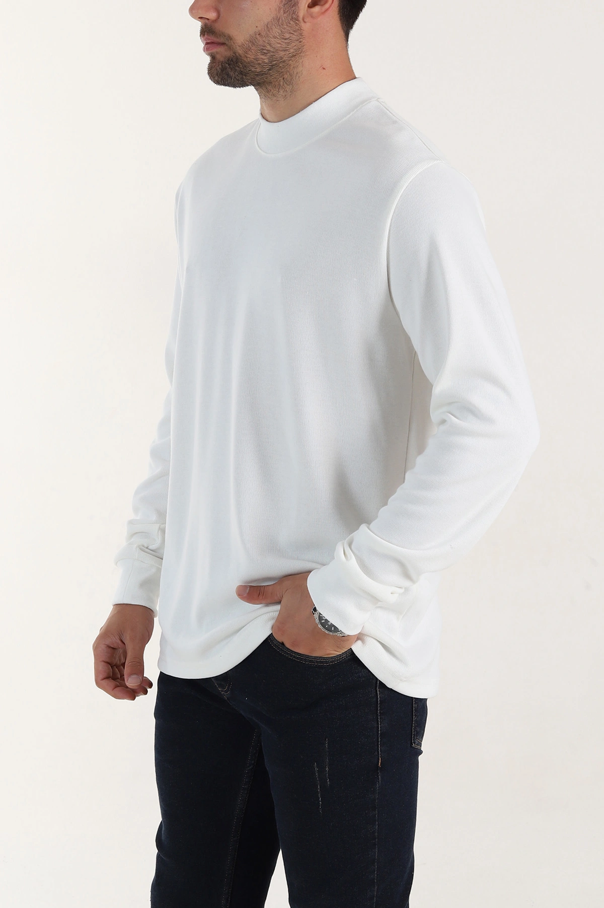Beyaz Regular Fit Yarım Balıkçı Yaka Uzun Kollu Erkek Sweatshirt 397044