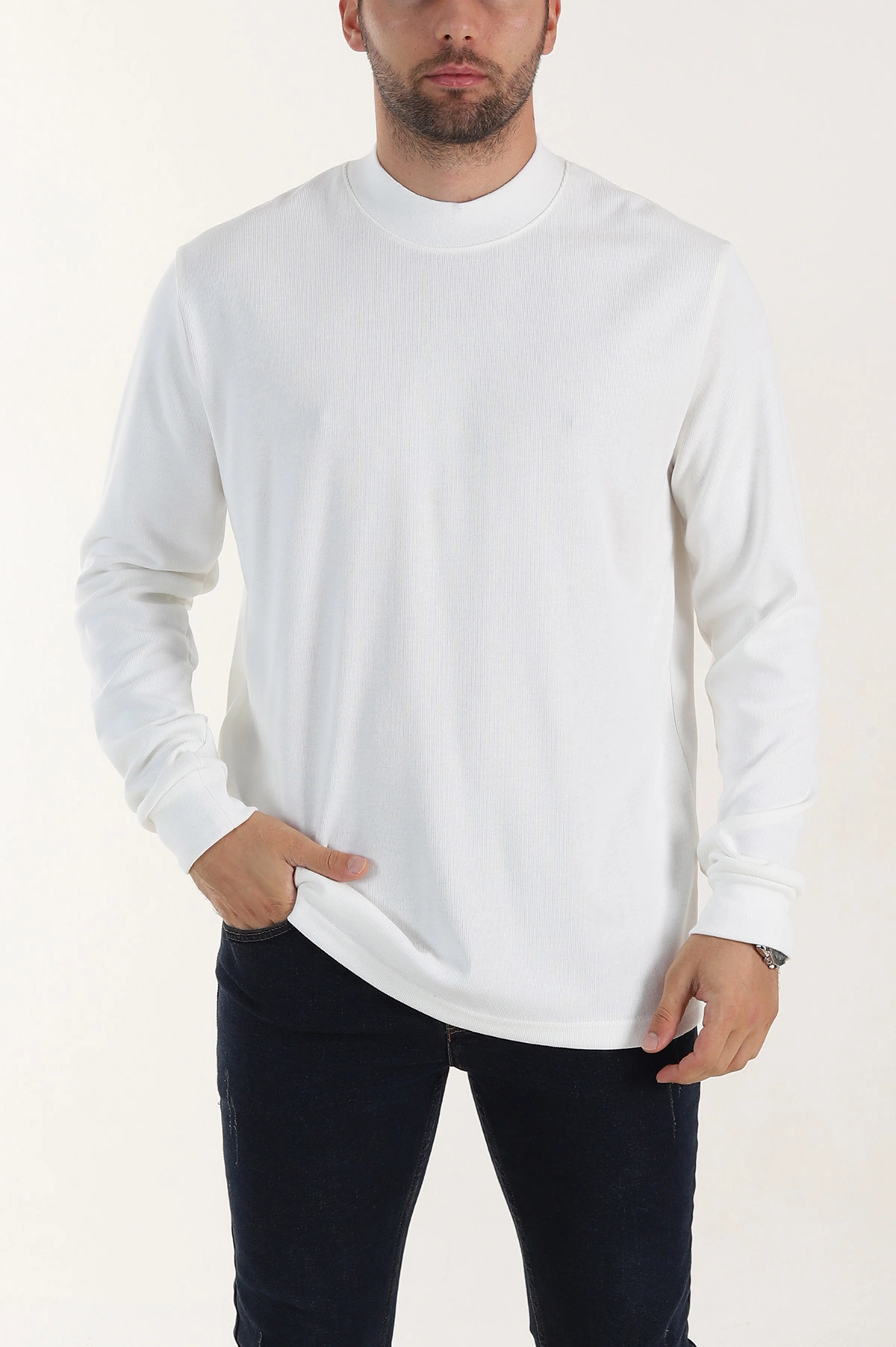 Beyaz Regular Fit Yarım Balıkçı Yaka Uzun Kollu Erkek Sweatshirt 397044