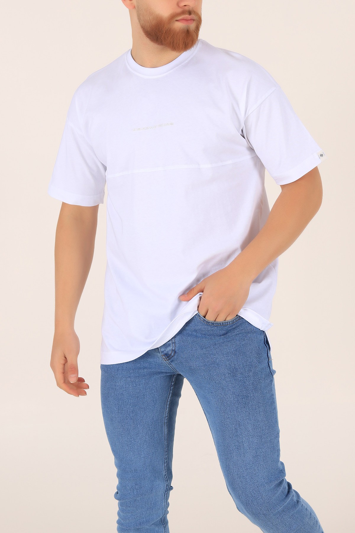 Beyaz Bisiklet Yaka Yazı Detay Oversize Erkek Tişört 169716