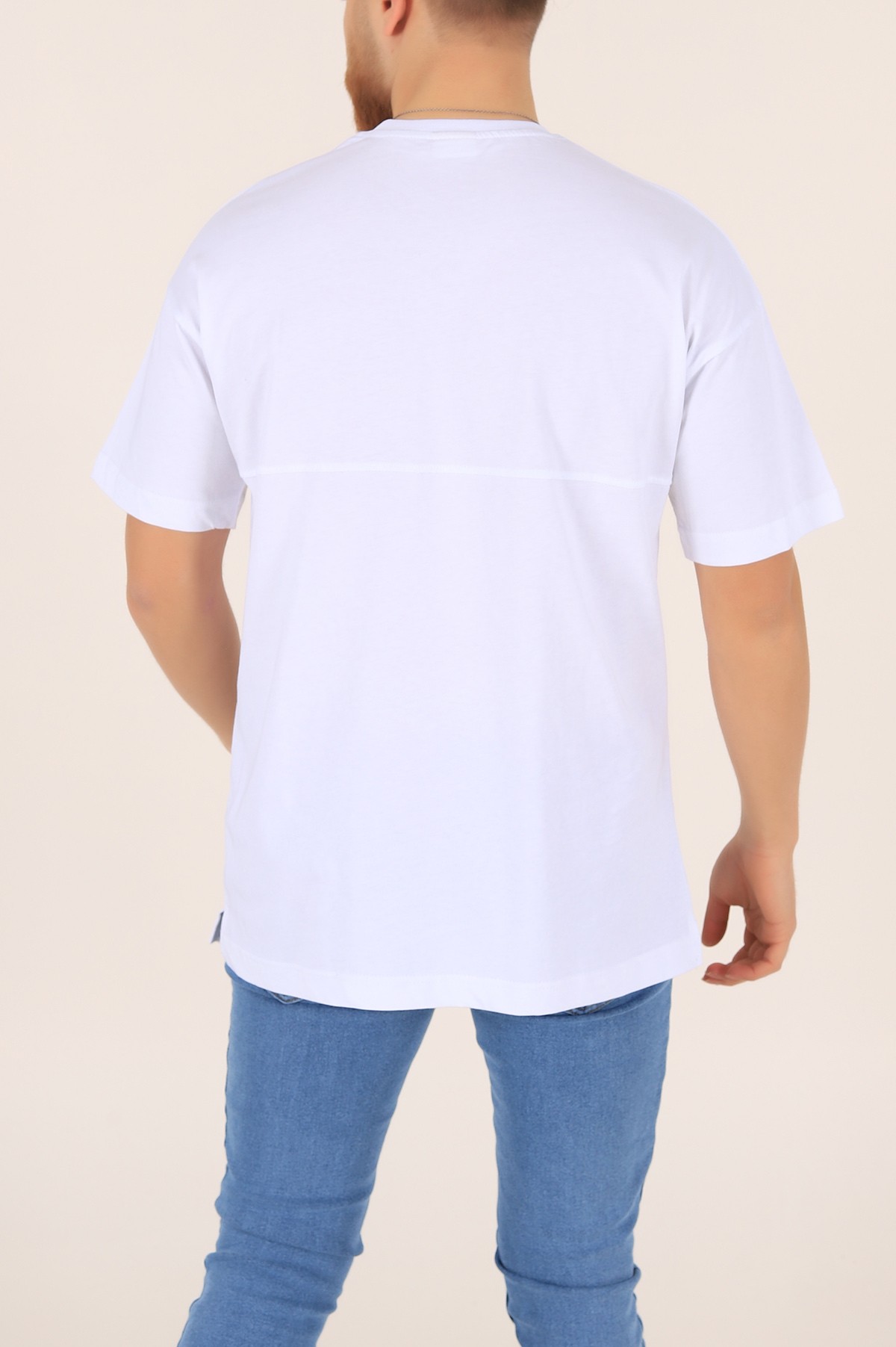 Beyaz Bisiklet Yaka Yazı Detay Oversize Erkek Tişört 169716