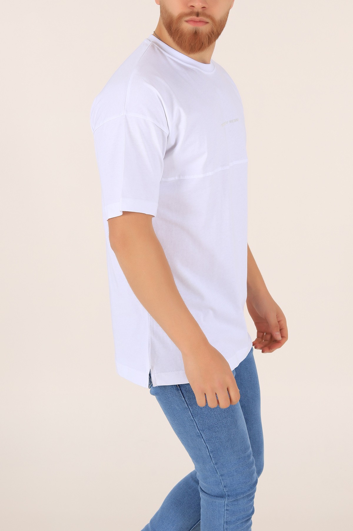 Beyaz Bisiklet Yaka Yazı Detay Oversize Erkek Tişört 169716