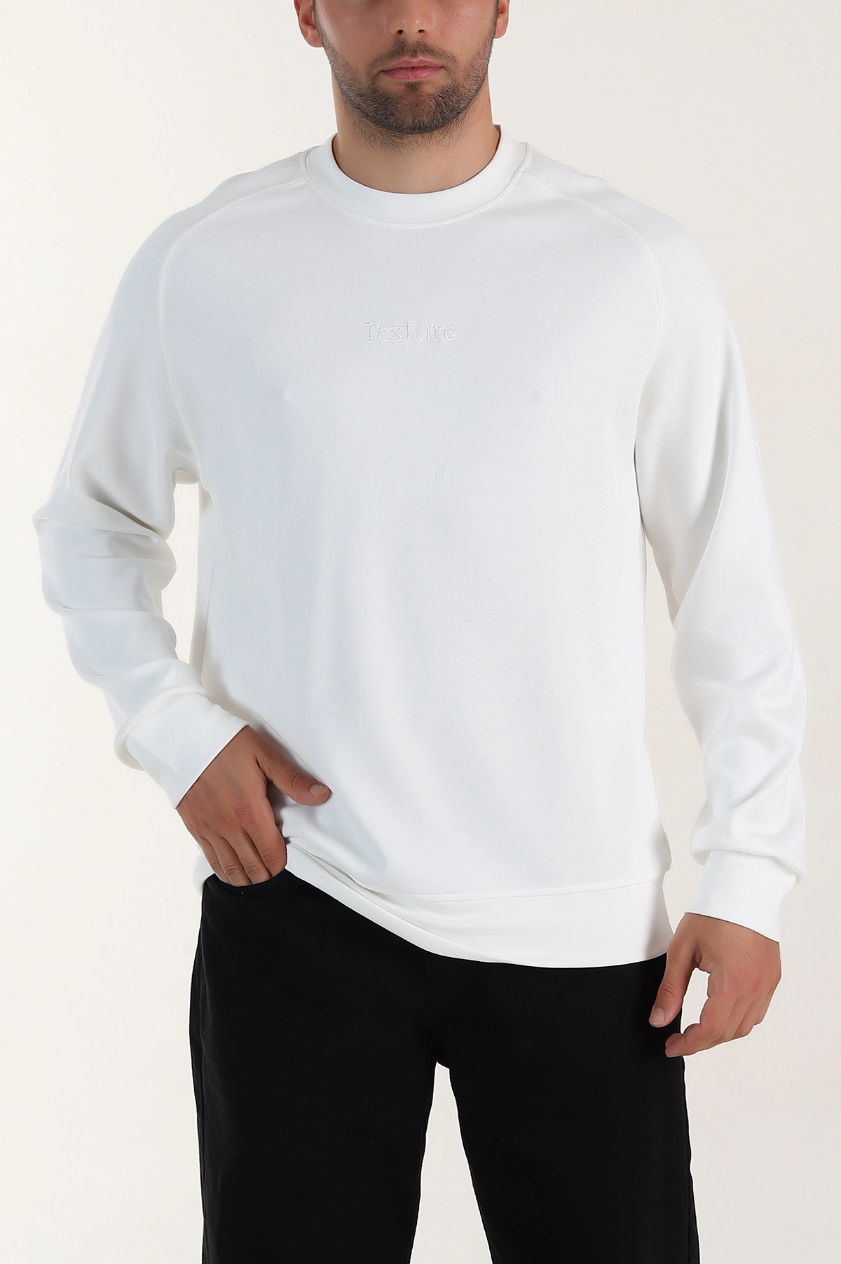 Beyaz Bisiklet Yaka Yazı Detaylı Erkek Sweatshirt 396245